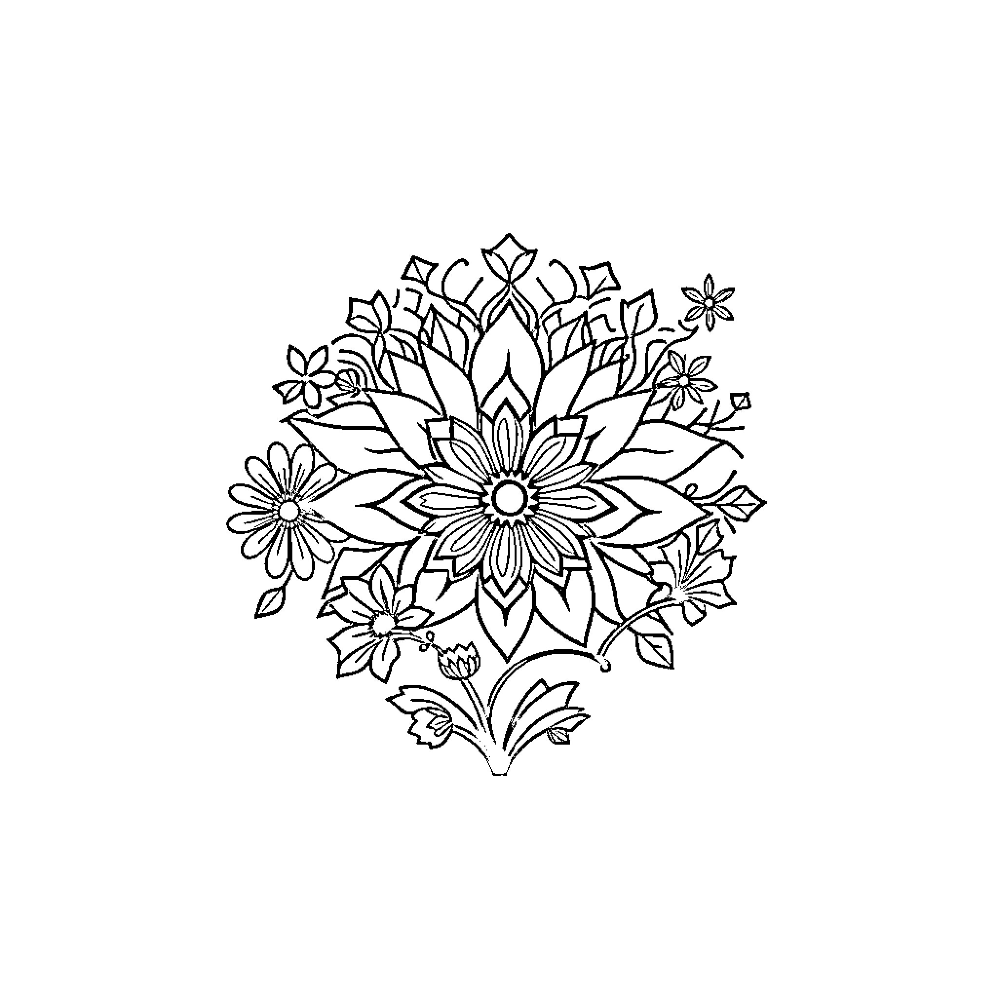 Design of Floral Bouquet with Intricate Patterns Coloring Page (free black-and-white line drawing printable PDF for all, from beginners to advanced learners, including children, teens, adults, and seniors)