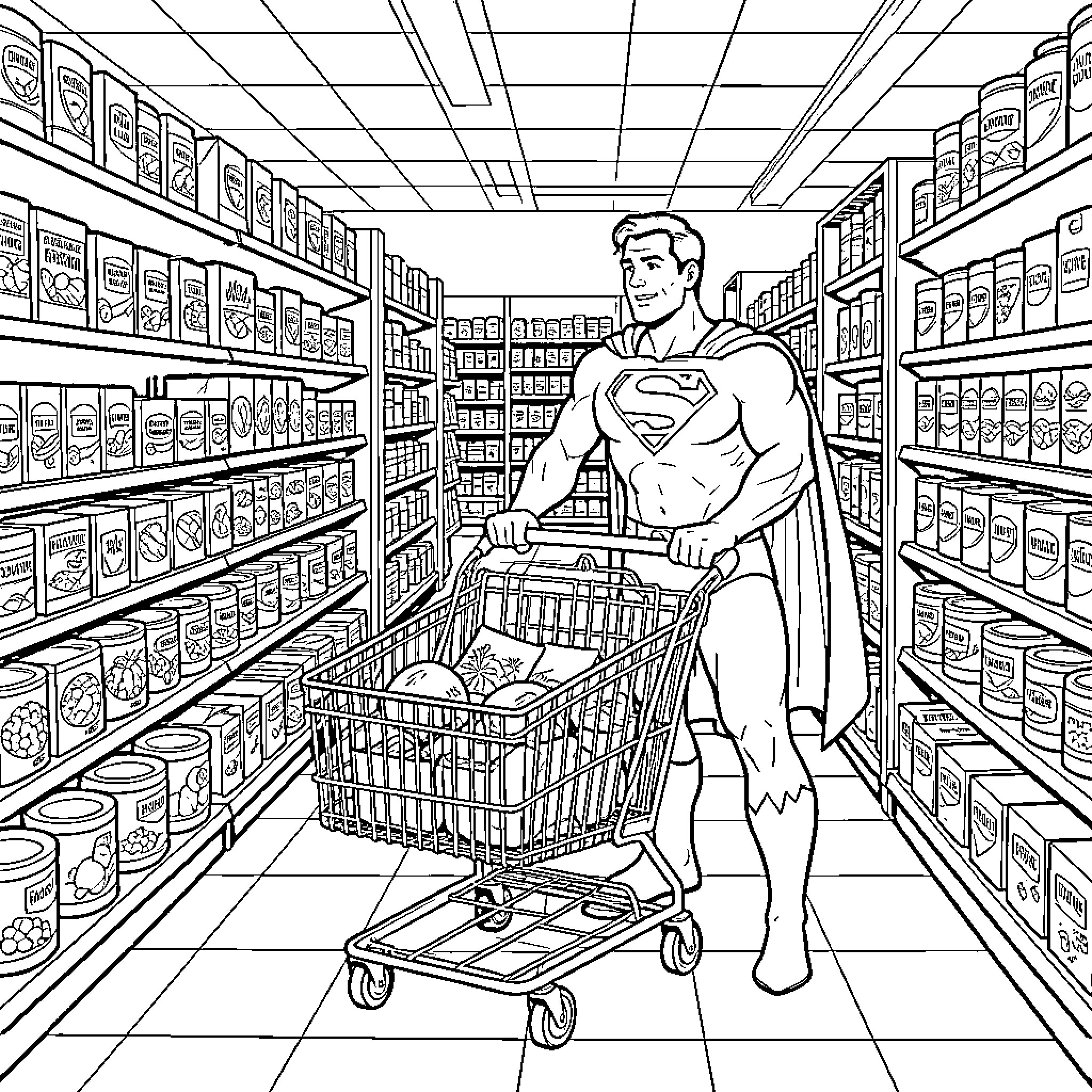 Superman pushing a shopping cart through a grocery aisle Coloring Page (free black-and-white line drawing printable PDF for all, from beginners to advanced learners, including children, teens, adults, and seniors)