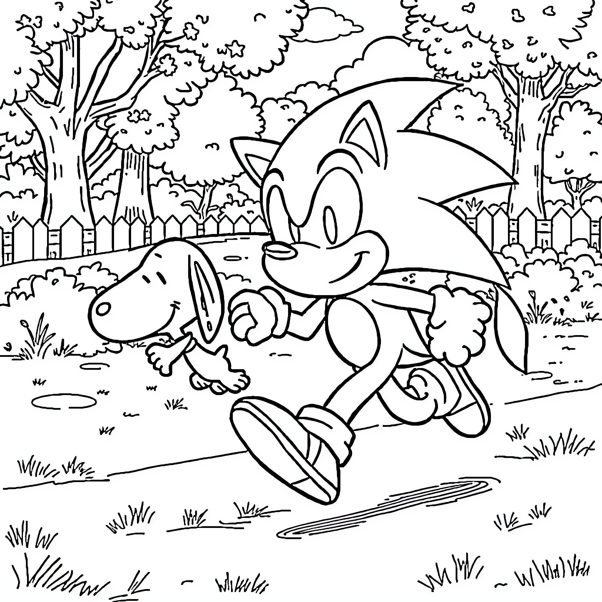 Sonic running excitedly in the forest Coloring Page (free black-and-white line drawing printable PDF for all, from beginners to advanced learners, including children, teens, adults, and seniors)
