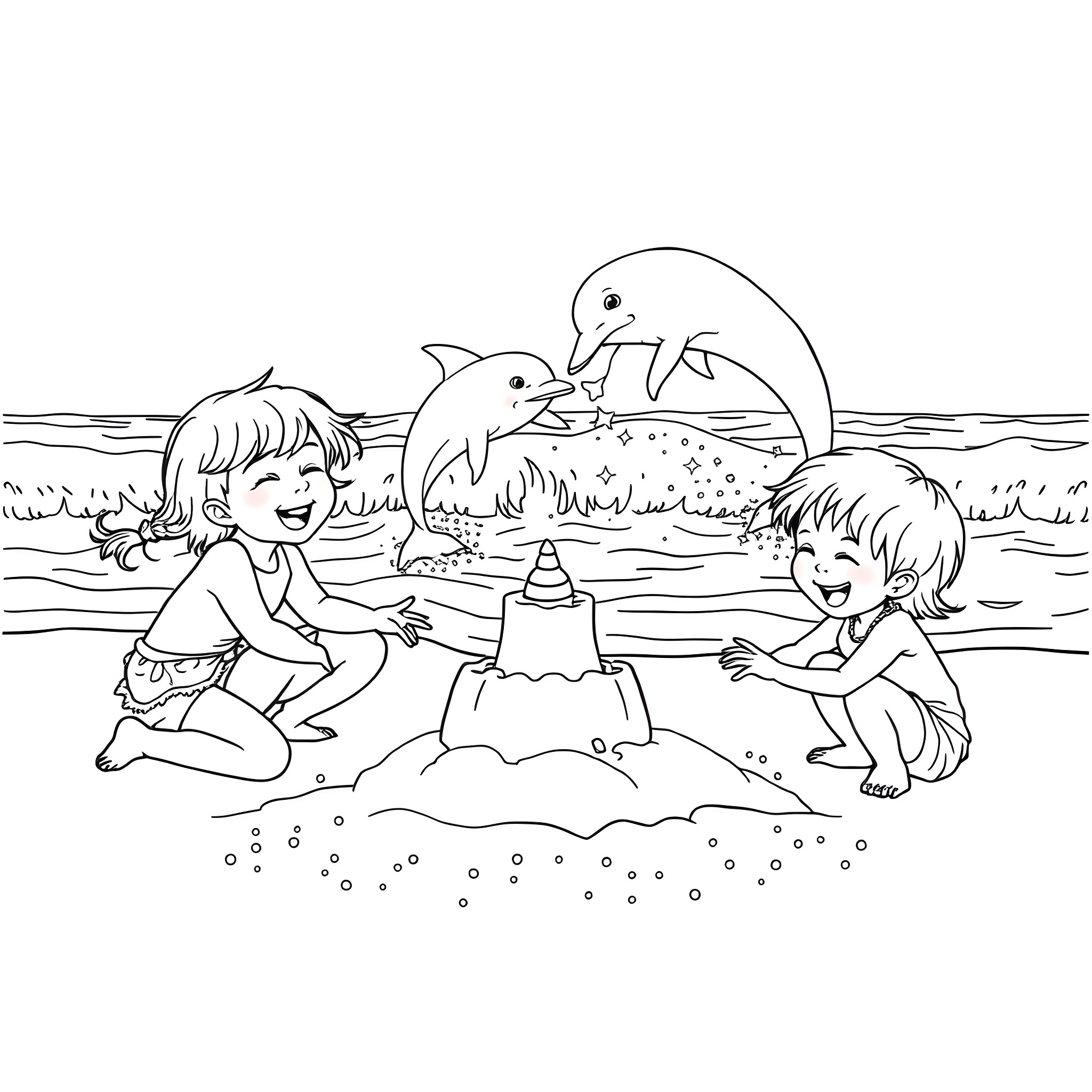 Kid Playing with Dolphins in the Ocean Coloring Page (free black-and-white line drawing printable PDF for all, from beginners to advanced learners, including children, teens, adults, and seniors)