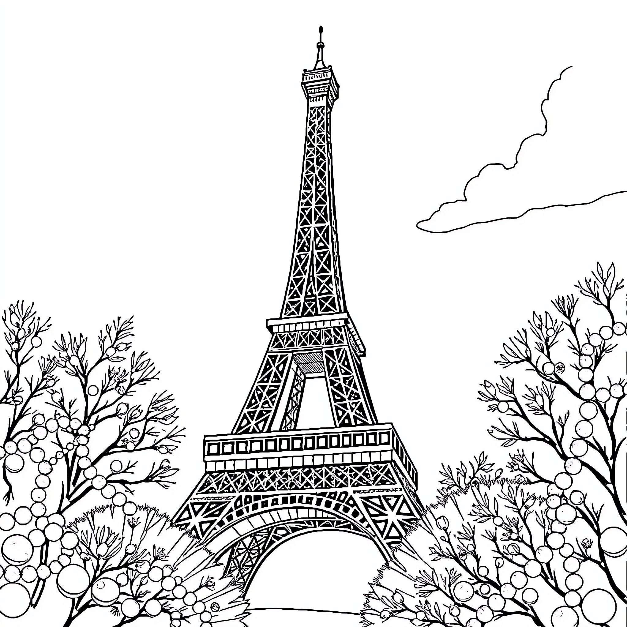 Eiffel Tower surrounded by nature and clouds Coloring Page (free black-and-white line drawing printable PDF for all, from beginners to advanced learners, including children, teens, adults, and seniors)