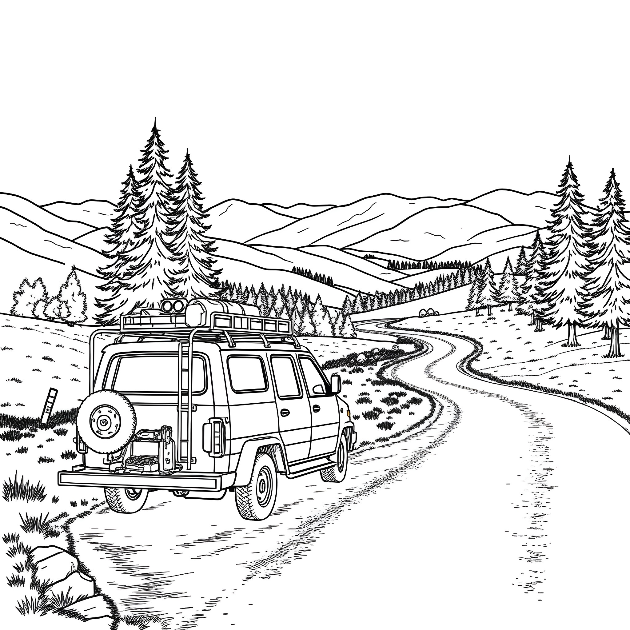 Car Trailer on Mountain Road with Trees Coloring Page (free black-and-white line drawing printable PDF for all, from beginners to advanced learners, including children, teens, adults, and seniors)
