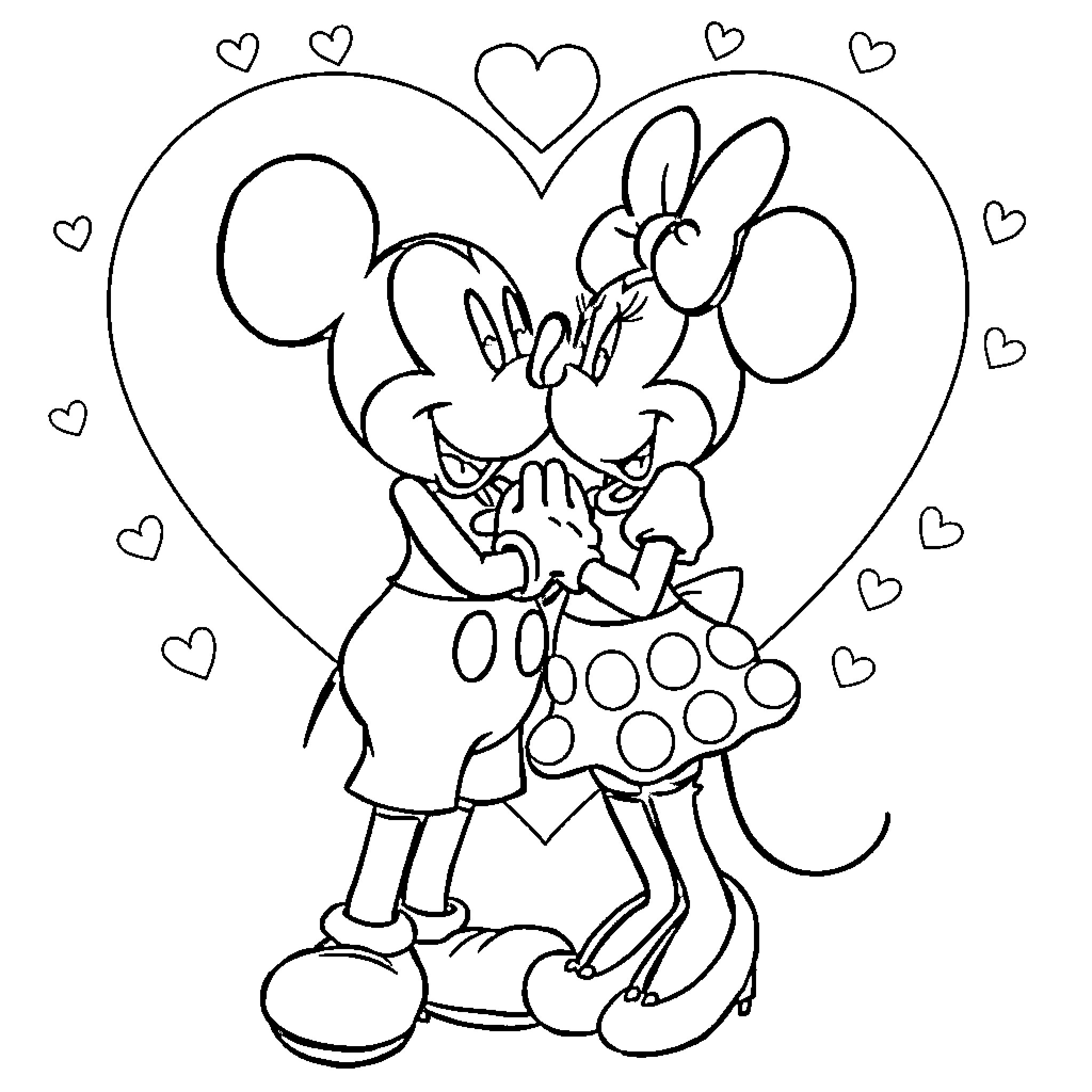 Mickey Mouse and Minnie Mouse in Love Coloring Page (free black-and-white line drawing printable PDF for all, from beginners to advanced learners, including children, teens, adults, and seniors)