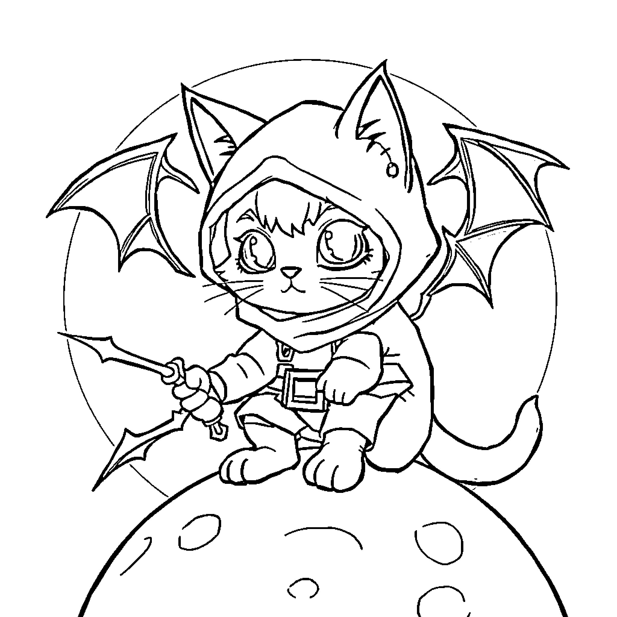 Cat in Bat Costume Playing on the Moon Coloring Page (free black-and-white line drawing printable PDF for all, from beginners to advanced learners, including children, teens, adults, and seniors)