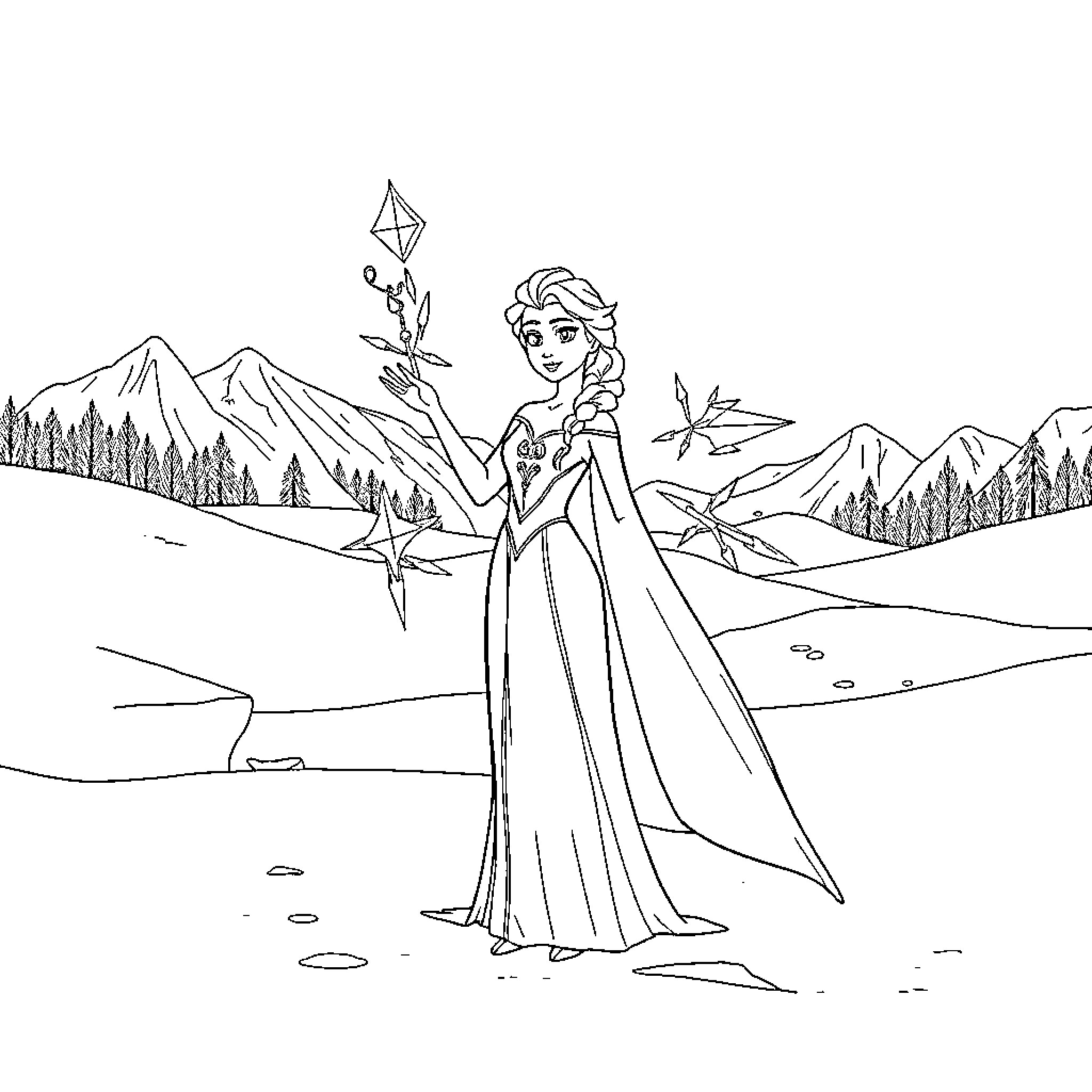 Elsa standing in a snowy mountain landscape Coloring Page (free black-and-white line drawing printable PDF for all, from beginners to advanced learners, including children, teens, adults, and seniors)