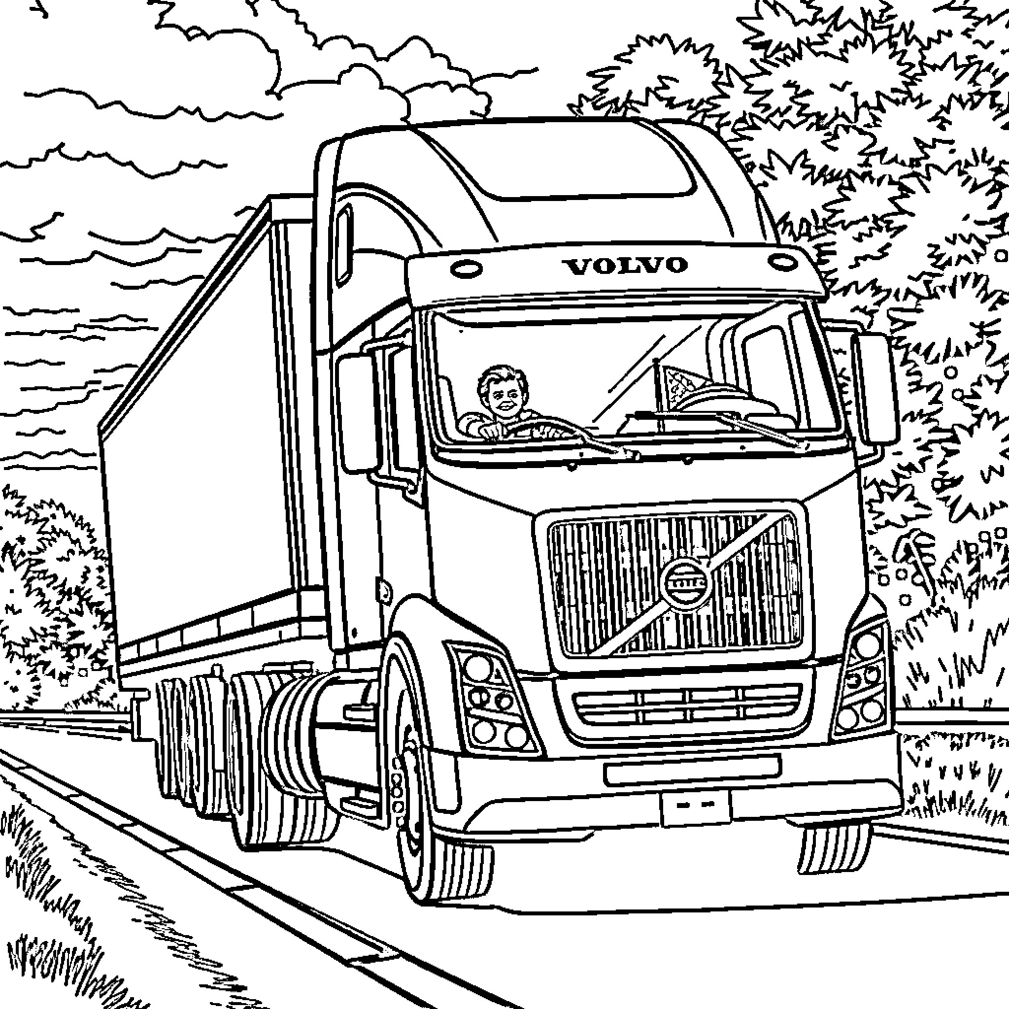 Volvo Truck driving on a road through the countryside Coloring Page (free black-and-white line drawing printable PDF for all, from beginners to advanced learners, including children, teens, adults, and seniors)