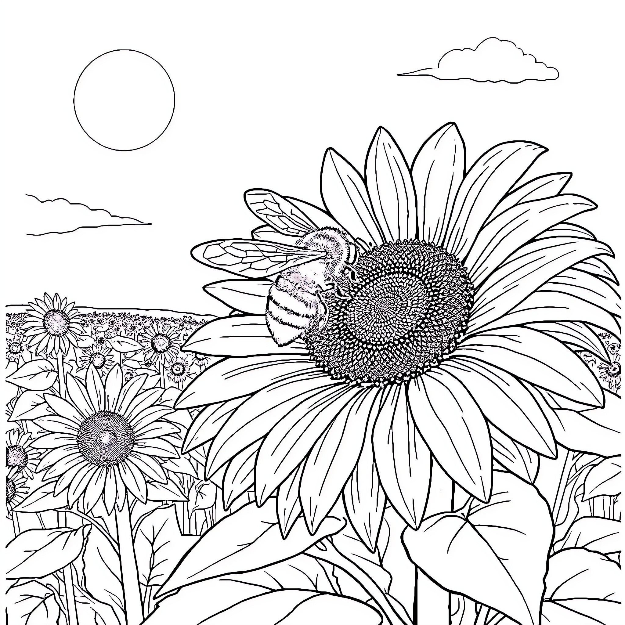 Bee resting on sunflower amidst field Coloring Page (free black-and-white line drawing printable PDF for all, from beginners to advanced learners, including children, teens, adults, and seniors)