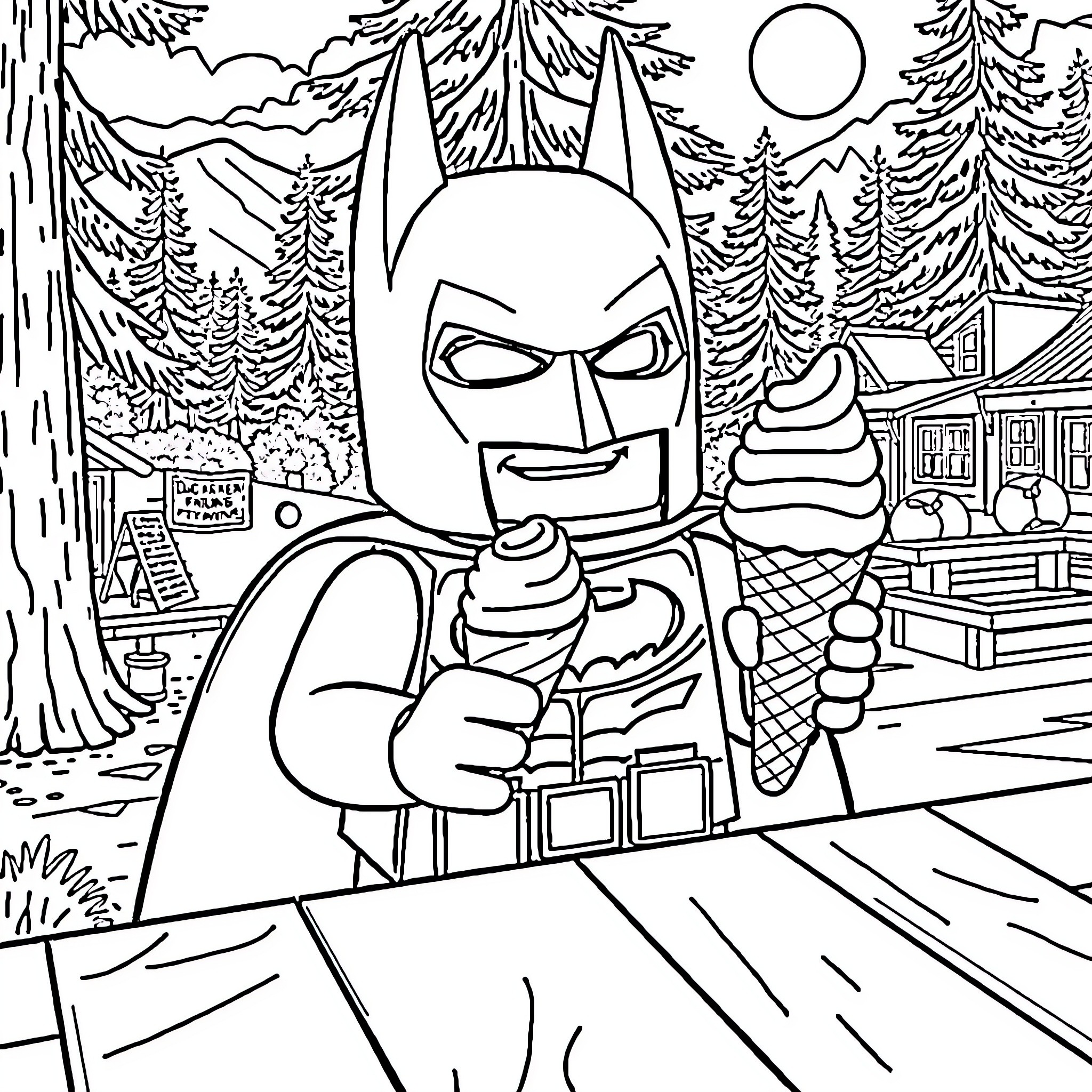 Lego Batman enjoying an ice cream in the forest Coloring Page (free black-and-white line drawing printable PDF for all, from beginners to advanced learners, including children, teens, adults, and seniors)