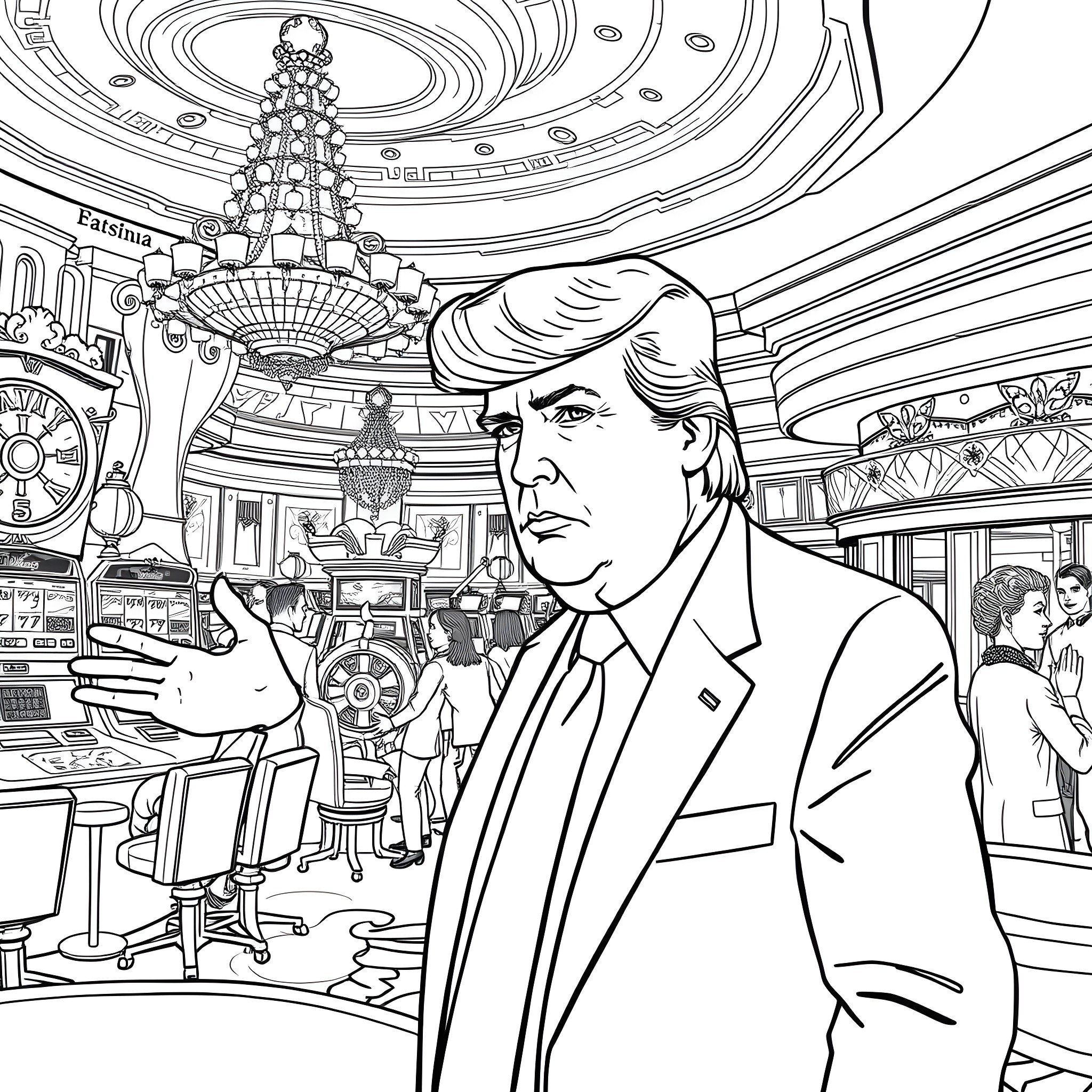 Donald Trump in a Lavish Casino Setting Coloring Page (free black-and-white line drawing printable PDF for all, from beginners to advanced learners, including children, teens, adults, and seniors)