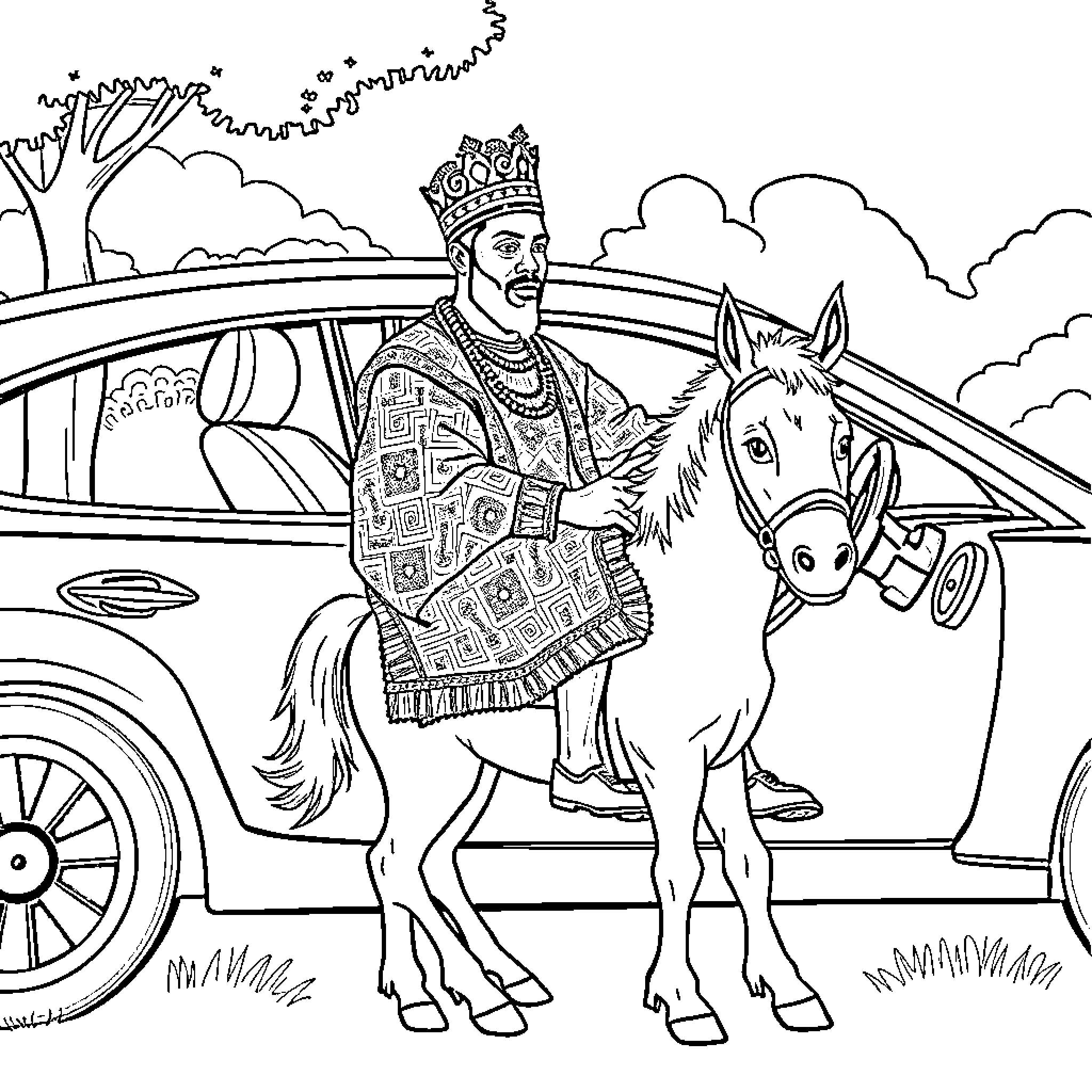King on ornate horseback in forest setting Coloring Page (free black-and-white line drawing printable PDF for all, from beginners to advanced learners, including children, teens, adults, and seniors)