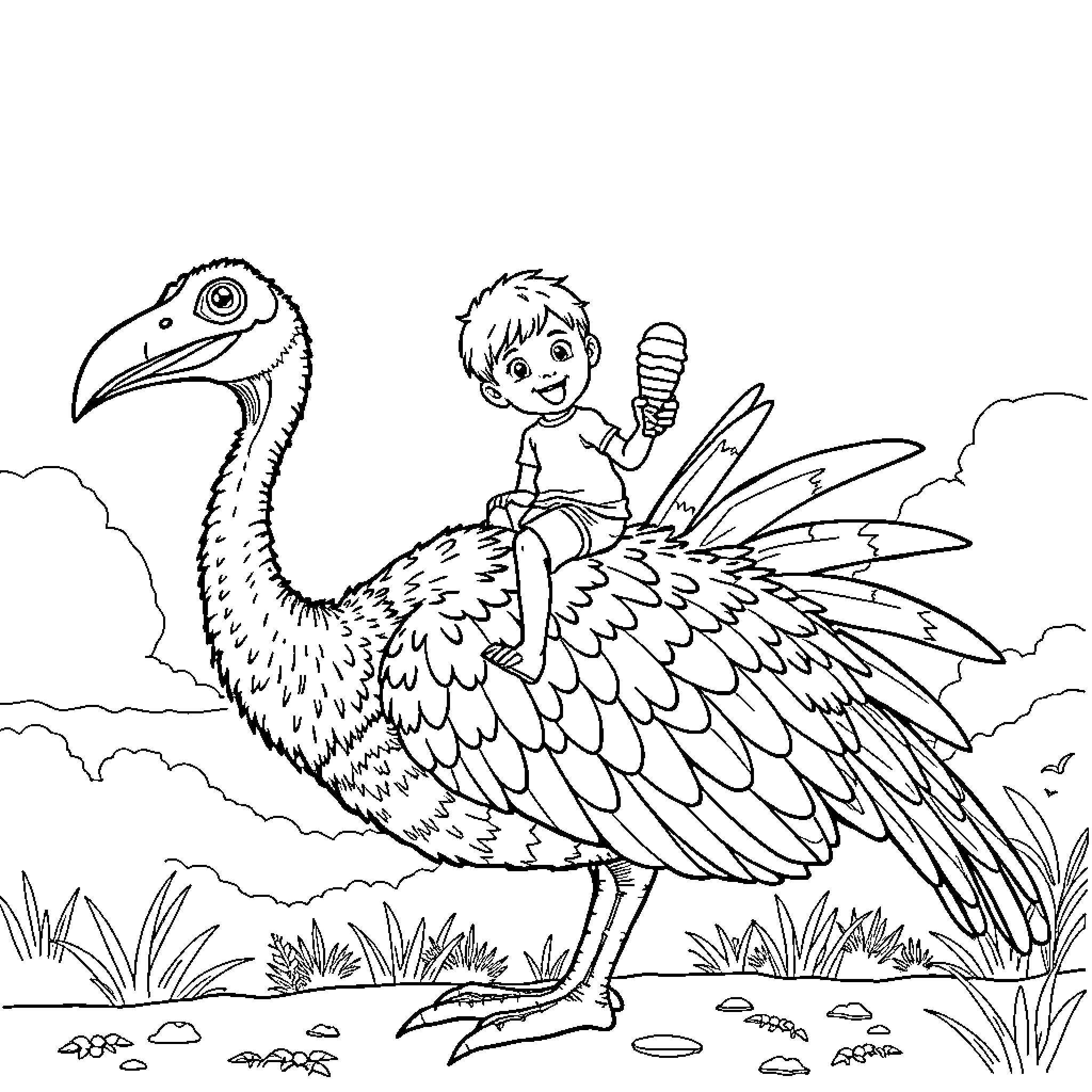 Boy riding a giant bird in the wilderness Coloring Page (free black-and-white line drawing printable PDF for all, from beginners to advanced learners, including children, teens, adults, and seniors)