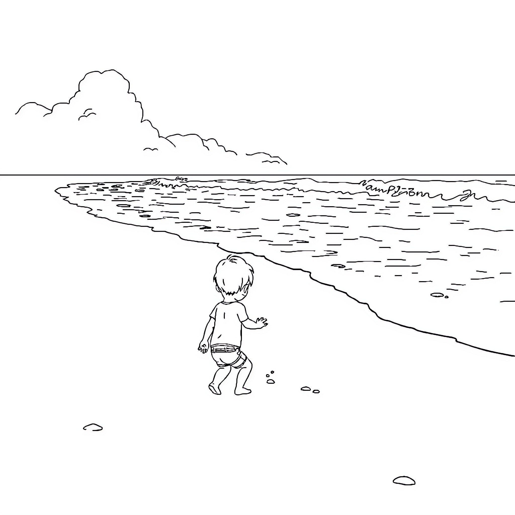 Child playing on the beach Coloring Page (free black-and-white line drawing printable PDF for all, from beginners to advanced learners, including children, teens, adults, and seniors)