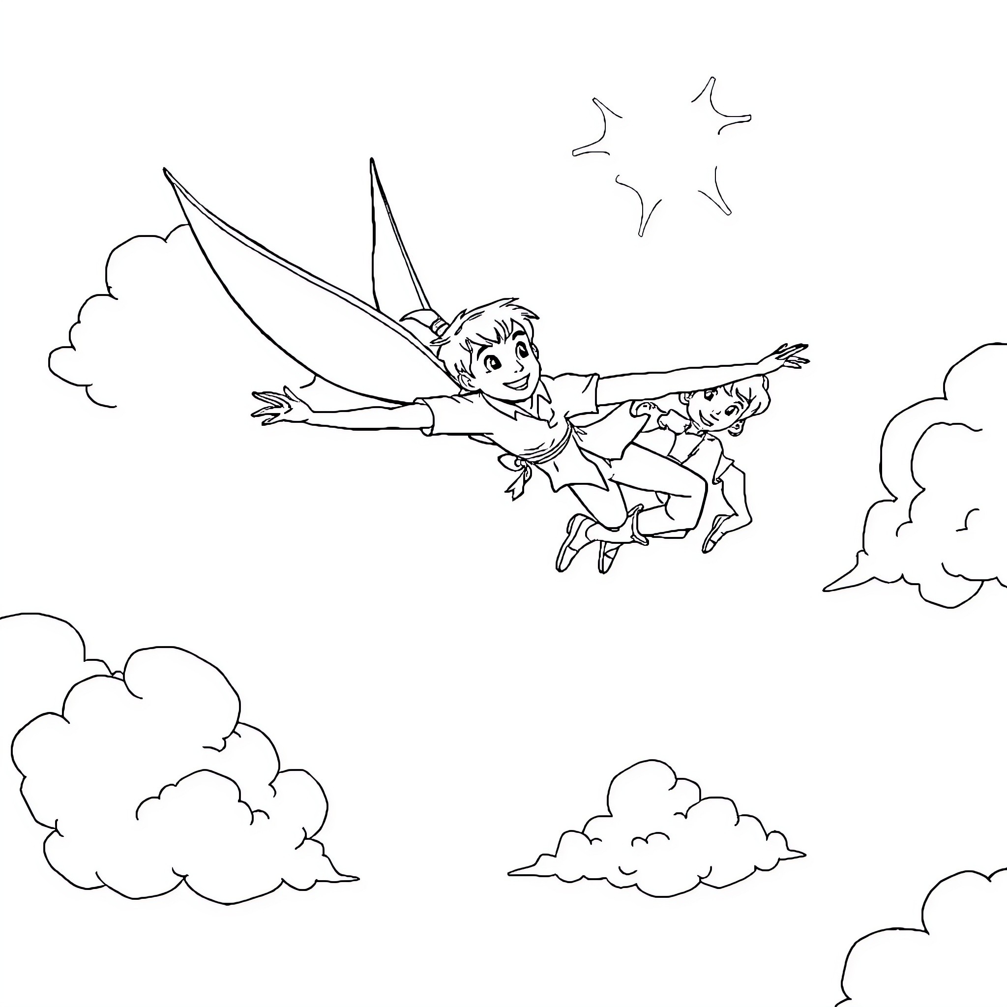 Peter Pan flying through the sky with joy Coloring Page (free black-and-white line drawing printable PDF for all, from beginners to advanced learners, including children, teens, adults, and seniors)