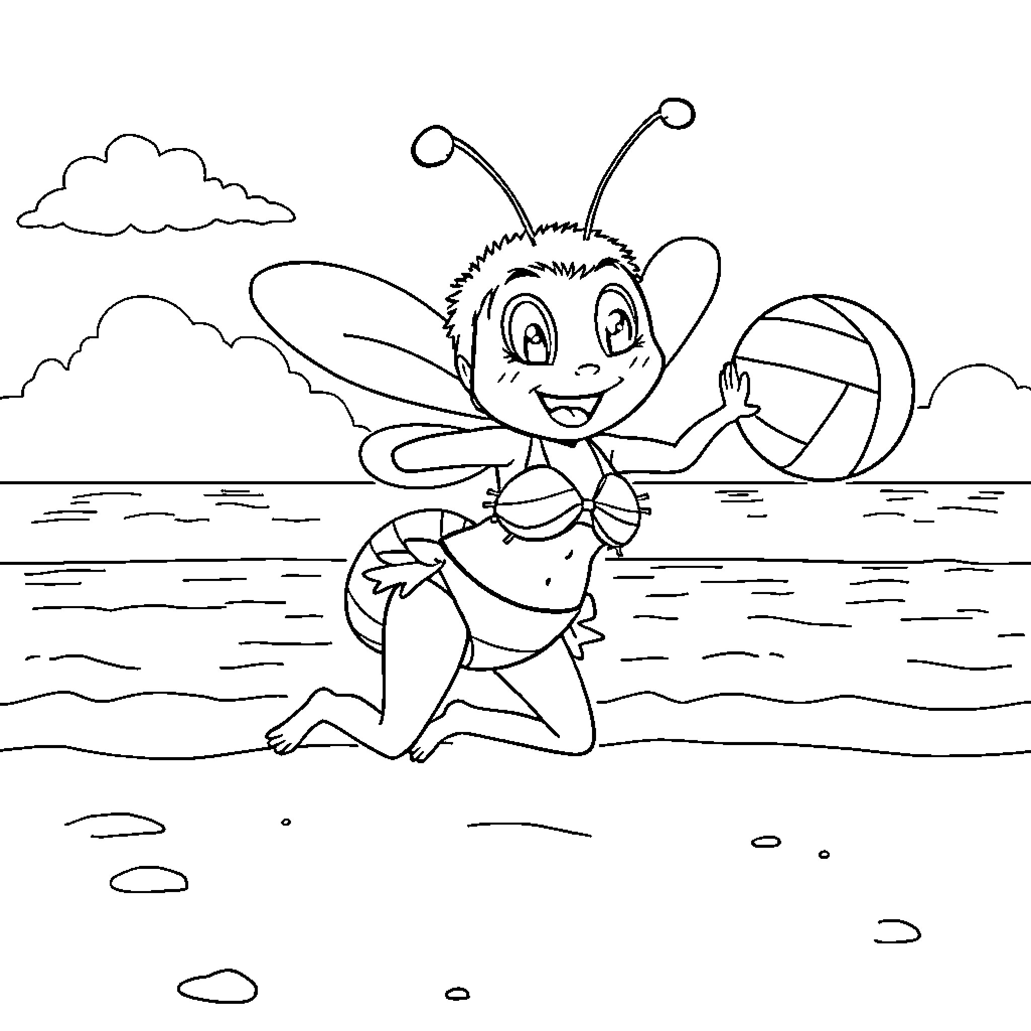 Bumblebee playing with beach ball on the shore Coloring Page (free black-and-white line drawing printable PDF for all, from beginners to advanced learners, including children, teens, adults, and seniors)