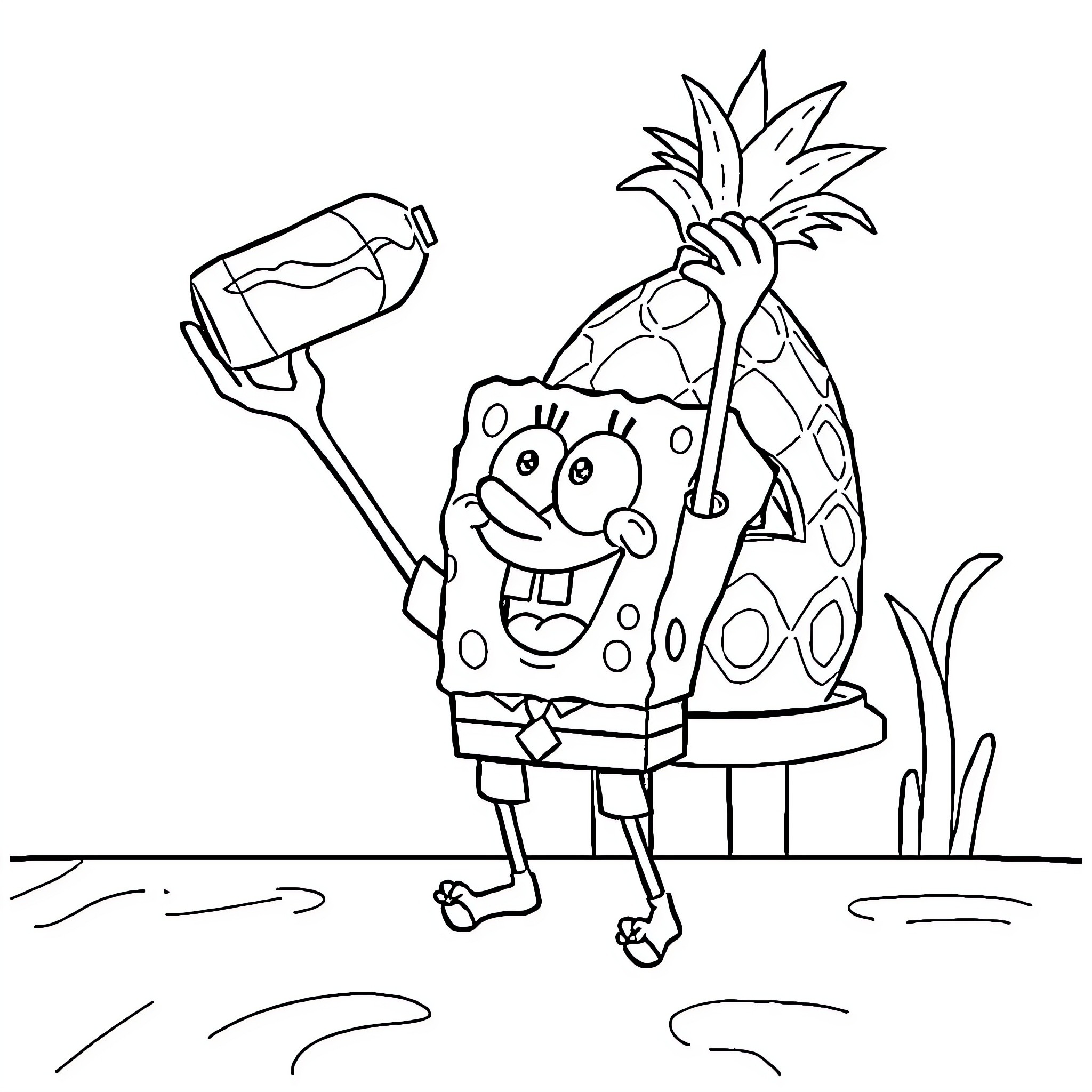 Spongebob Happily Holding a Hammer Coloring Page (free black-and-white line drawing printable PDF for all, from beginners to advanced learners, including children, teens, adults, and seniors)