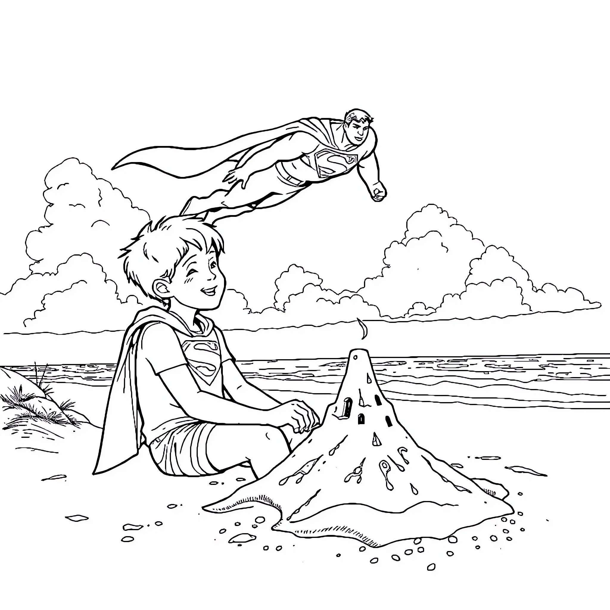 Boy playing in the sand as a superhero flies above Coloring Page (free black-and-white line drawing printable PDF for all, from beginners to advanced learners, including children, teens, adults, and seniors)