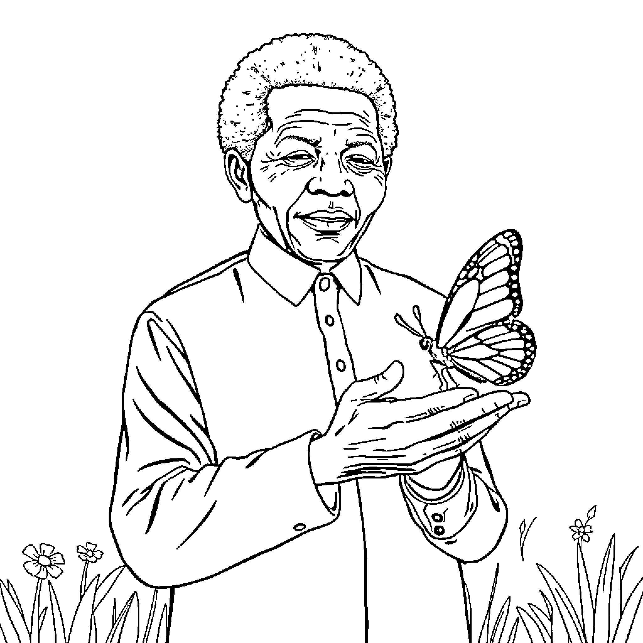 Mandala of a Man Holding a Butterfly Coloring Page (free black-and-white line drawing printable PDF for all, from beginners to advanced learners, including children, teens, adults, and seniors)