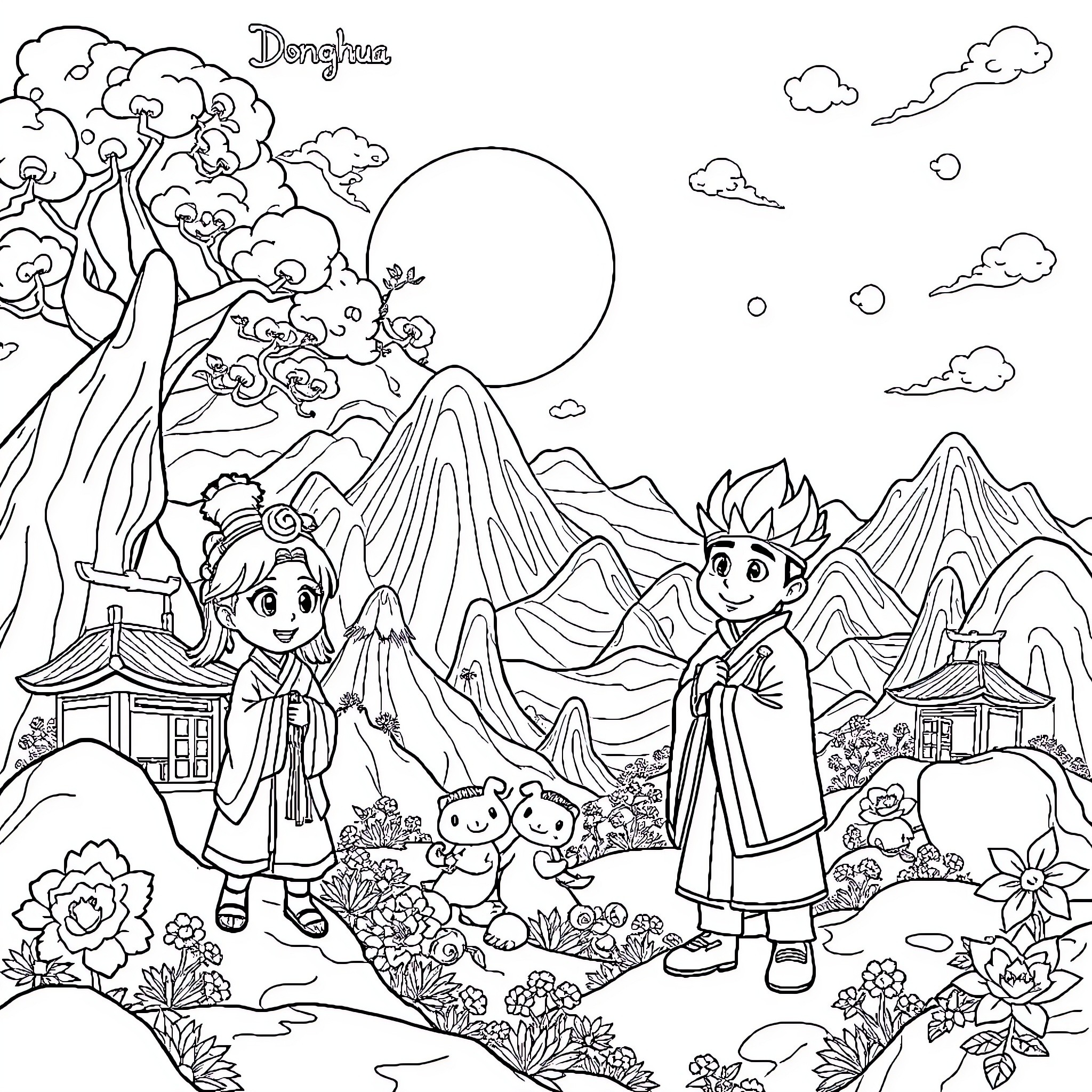 Donghua characters exploring fantastical landscape Coloring Page (free black-and-white line drawing printable PDF for all, from beginners to advanced learners, including children, teens, adults, and seniors)