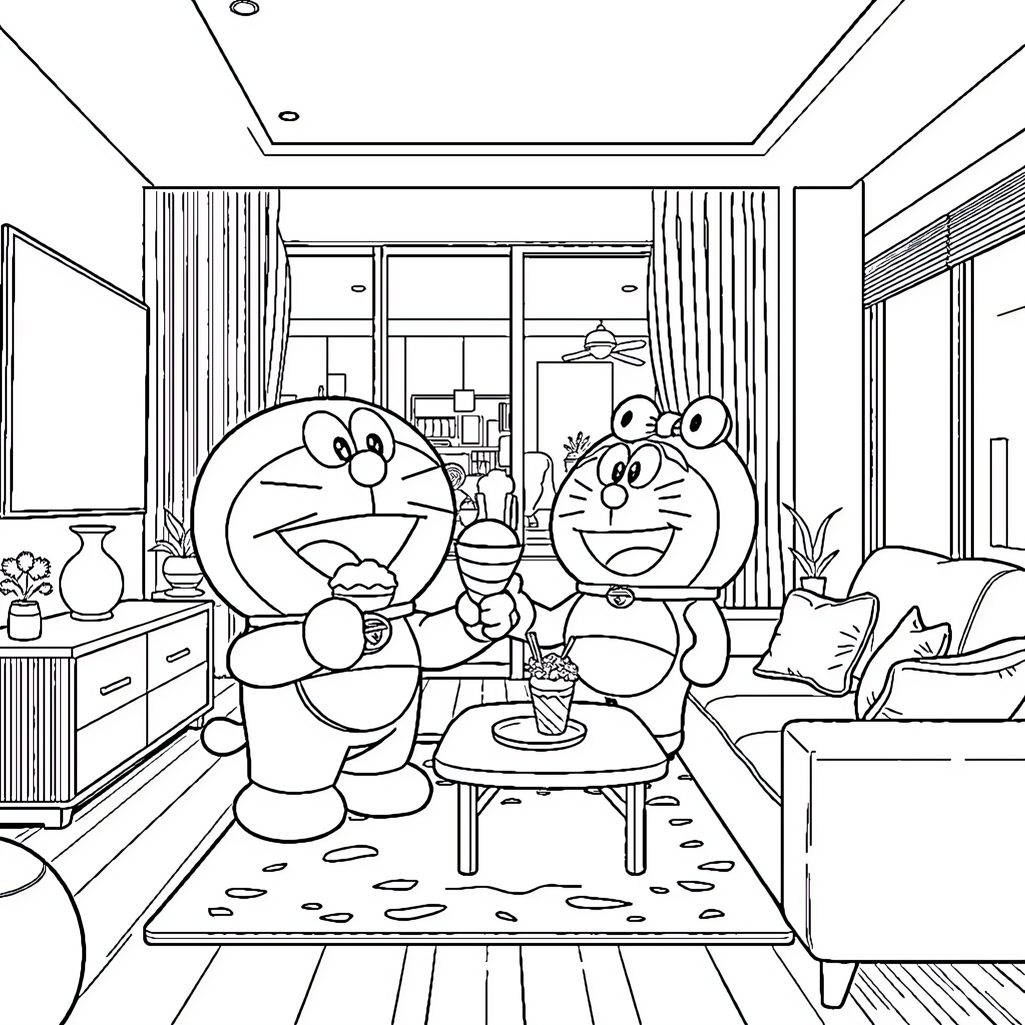 Doraemon and friends enjoying a cozy indoor scene Coloring Page (free black-and-white line drawing printable PDF for all, from beginners to advanced learners, including children, teens, adults, and seniors)