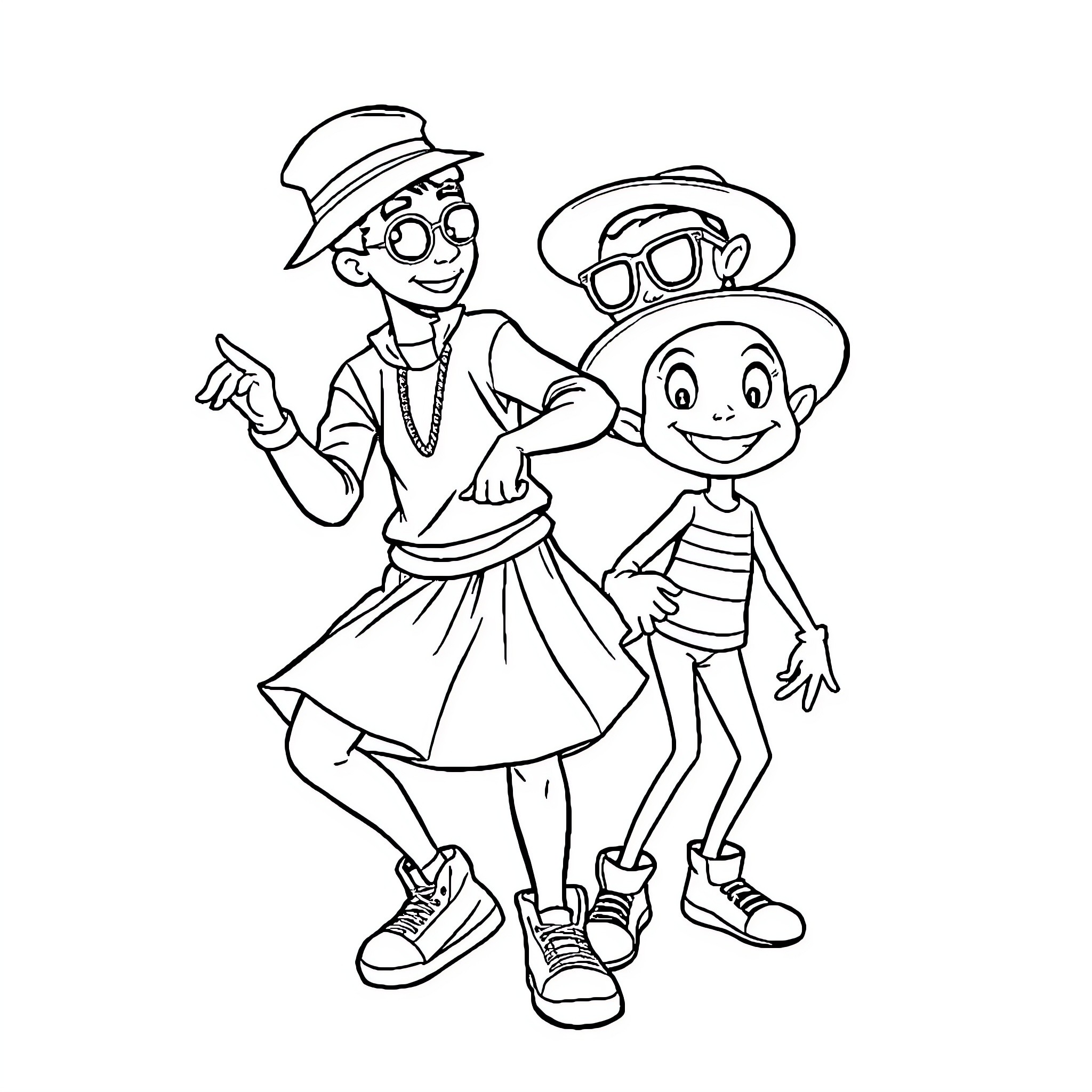 Mercredi: Playful Friends in Stylish Outfits Coloring Page (free black-and-white line drawing printable PDF for all, from beginners to advanced learners, including children, teens, adults, and seniors)