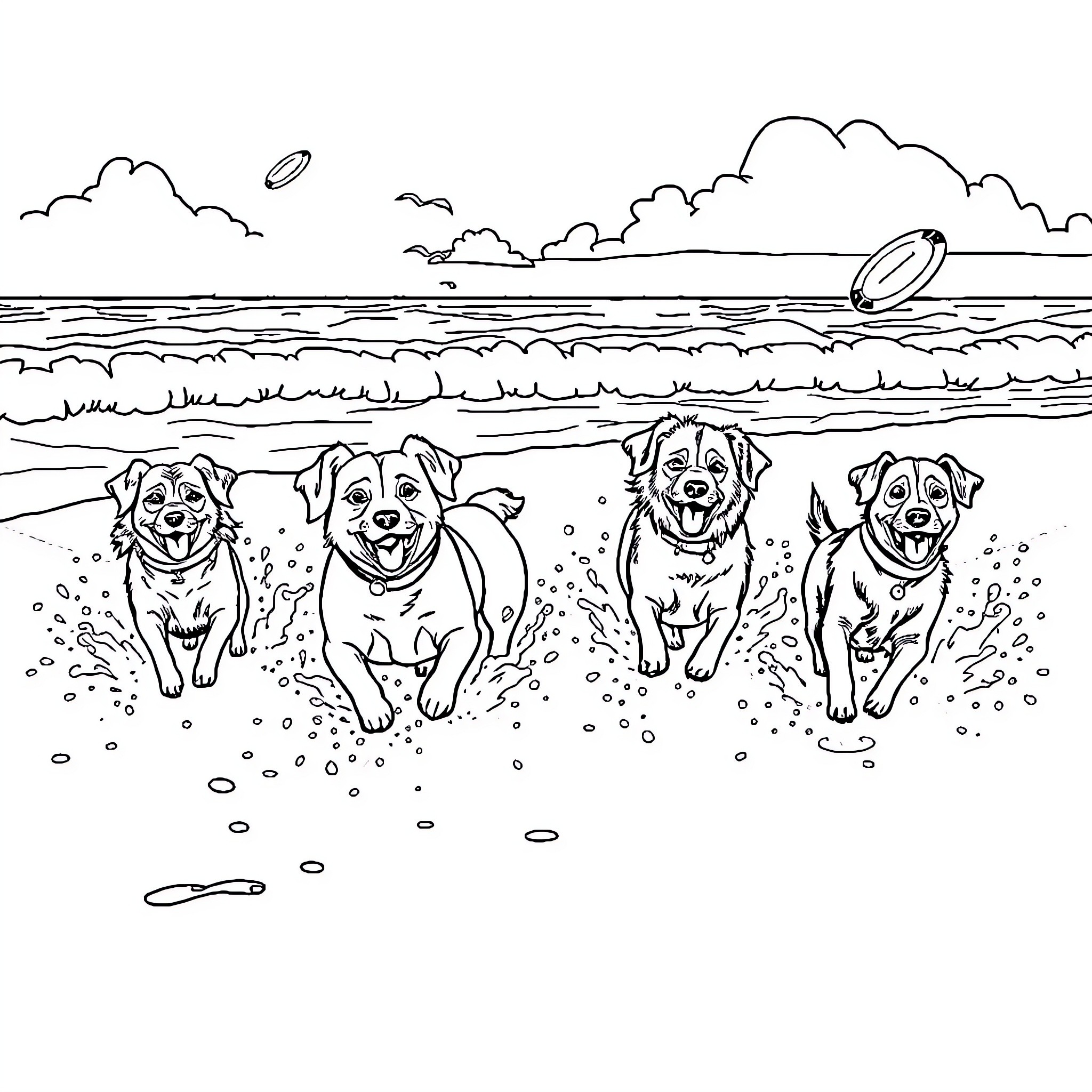 Dog friends playing happily at the beach Coloring Page (free black-and-white line drawing printable PDF for all, from beginners to advanced learners, including children, teens, adults, and seniors)