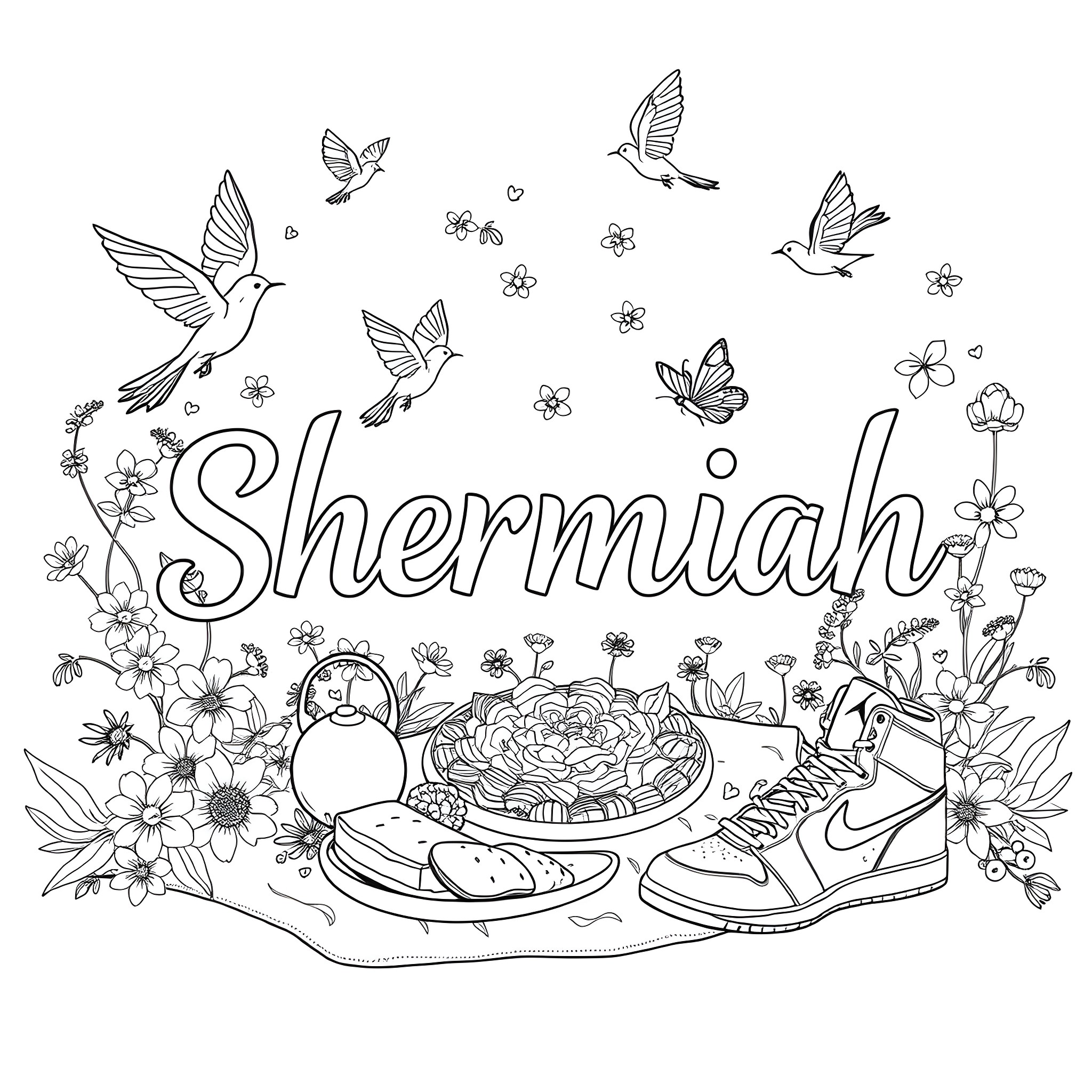 Shermiah's floral adventure with butterflies and animals Coloring Page (free black-and-white line drawing printable PDF for all, from beginners to advanced learners, including children, teens, adults, and seniors)