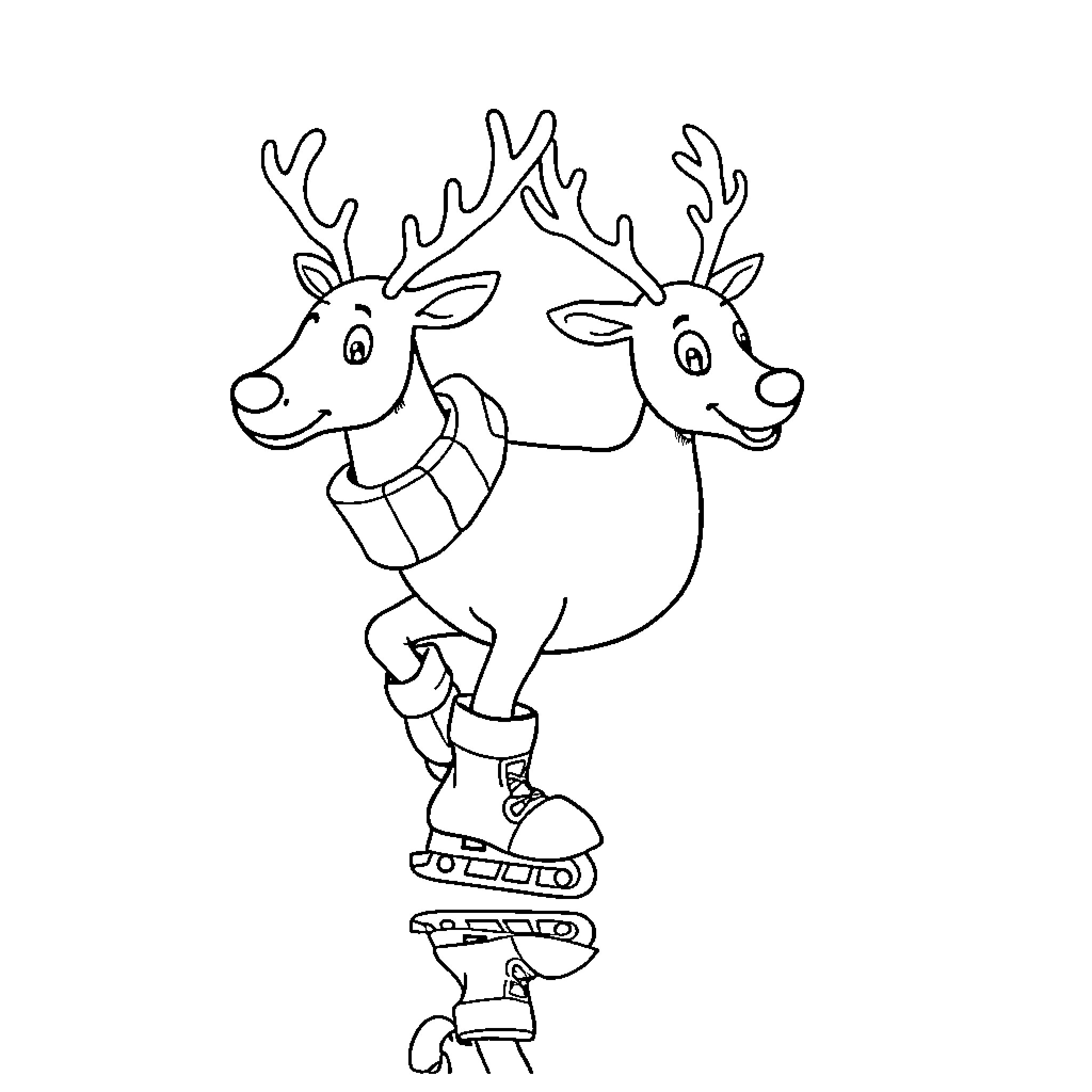 Reindeer friends skating together Coloring Page (free black-and-white line drawing printable PDF for all, from beginners to advanced learners, including children, teens, adults, and seniors)