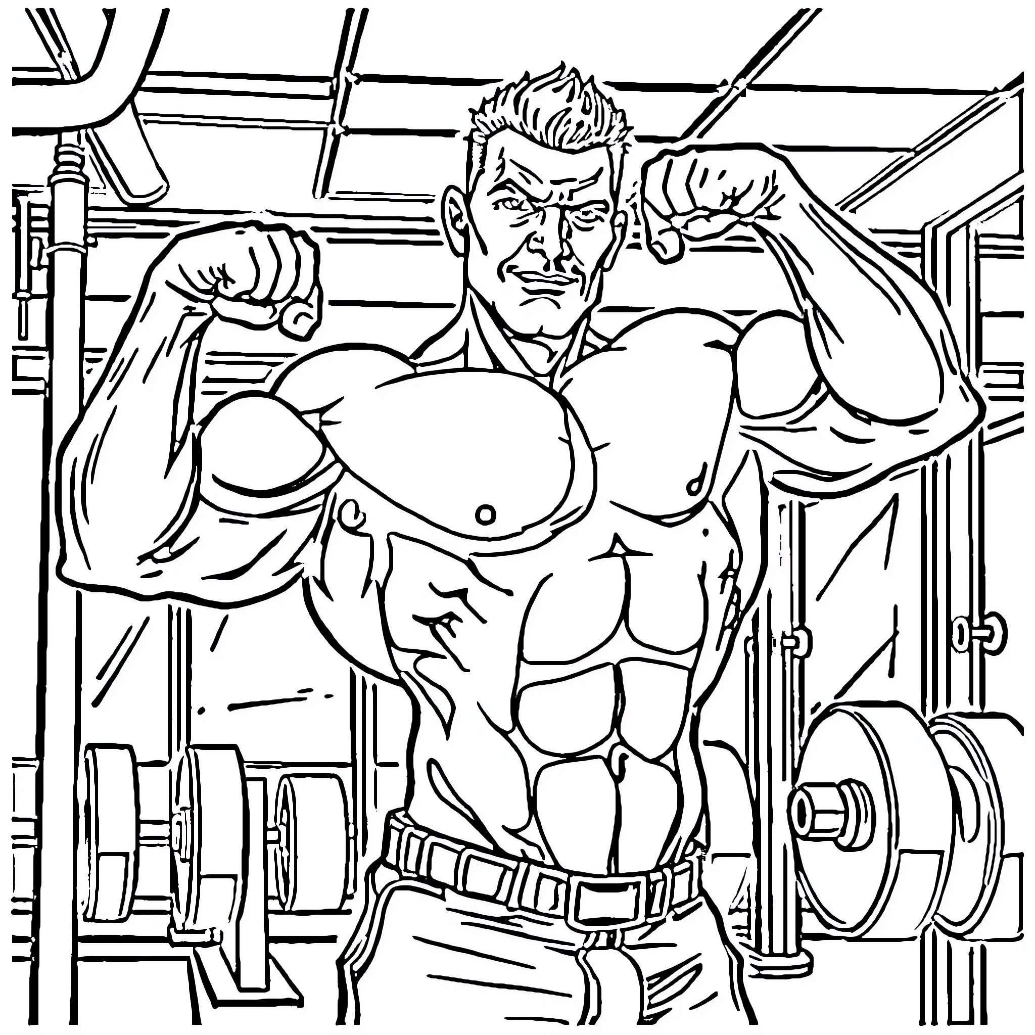 Bodybuilder Flexing Muscles in Gym Coloring Page (free black-and-white line drawing printable PDF for all, from beginners to advanced learners, including children, teens, adults, and seniors)