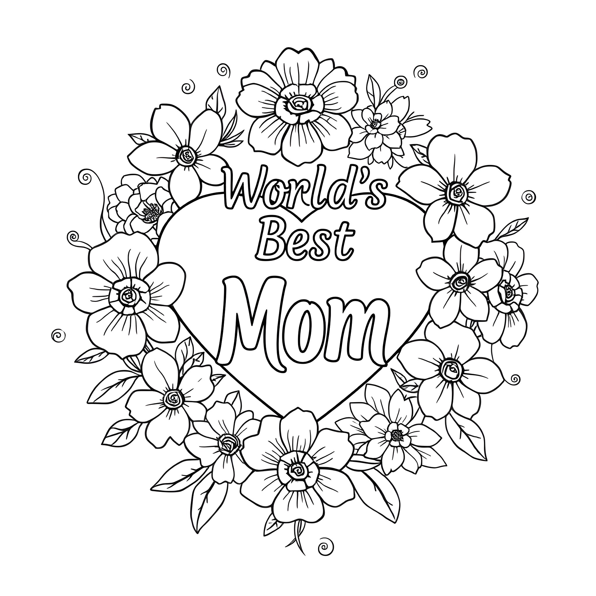 Flower wreath with World's Best Mom text Coloring Page (free black-and-white line drawing printable PDF for all, from beginners to advanced learners, including children, teens, adults, and seniors)