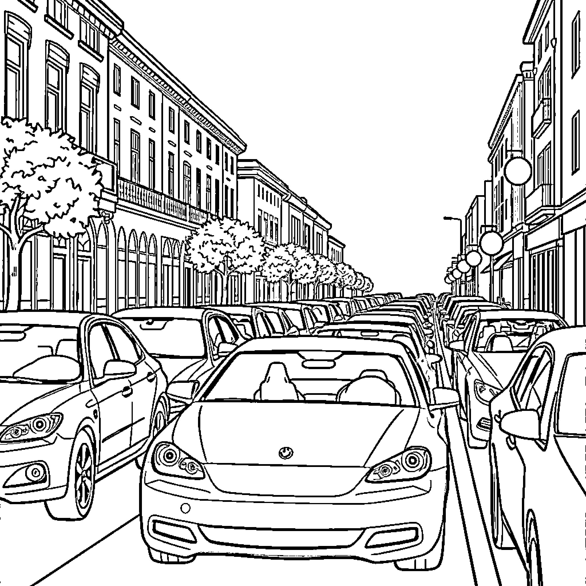 Cars in a busy city street with trees Coloring Page (free black-and-white line drawing printable PDF for all, from beginners to advanced learners, including children, teens, adults, and seniors)