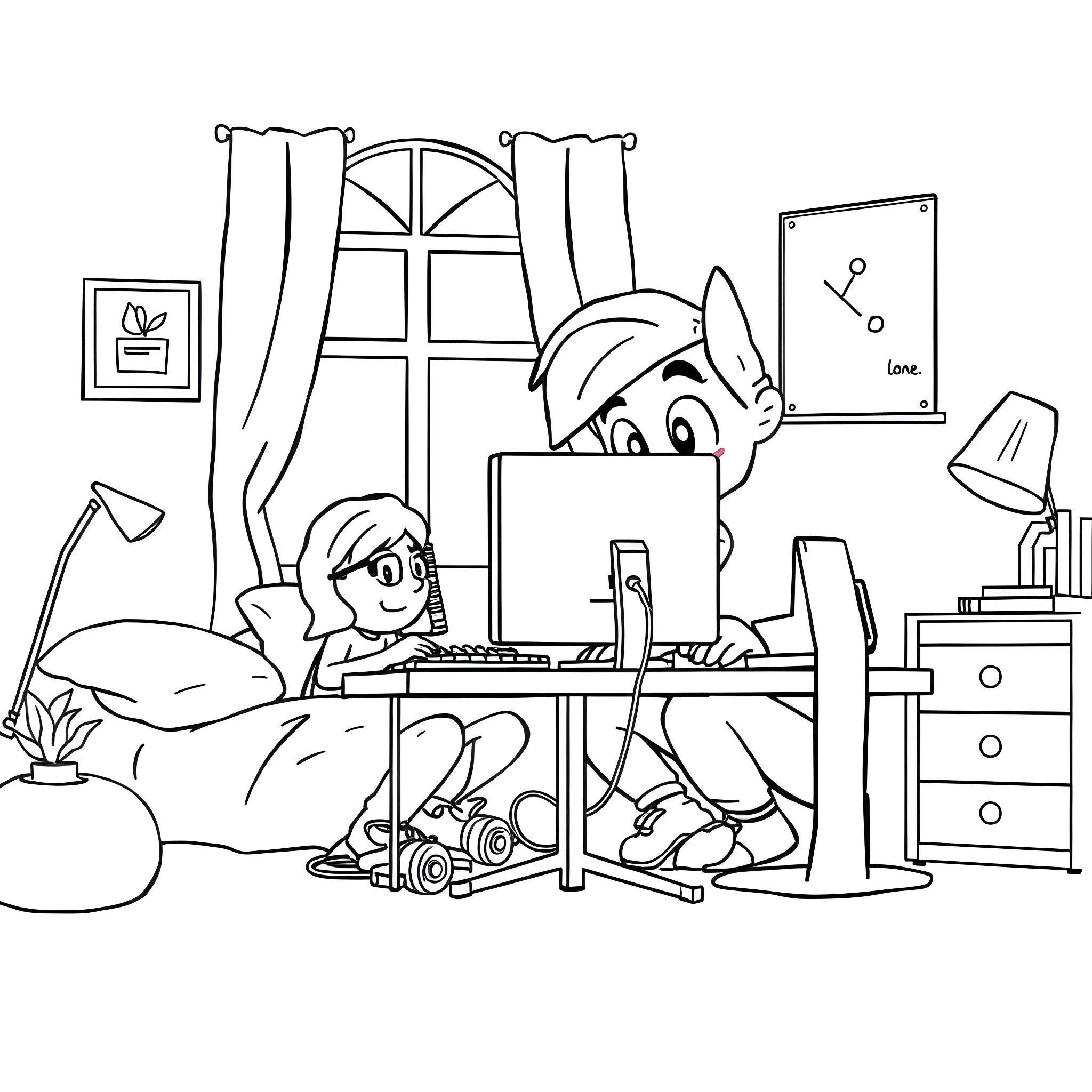 Fixie's Cozy Gaming Nook Coloring Page (free black-and-white line drawing printable PDF for all, from beginners to advanced learners, including children, teens, adults, and seniors)