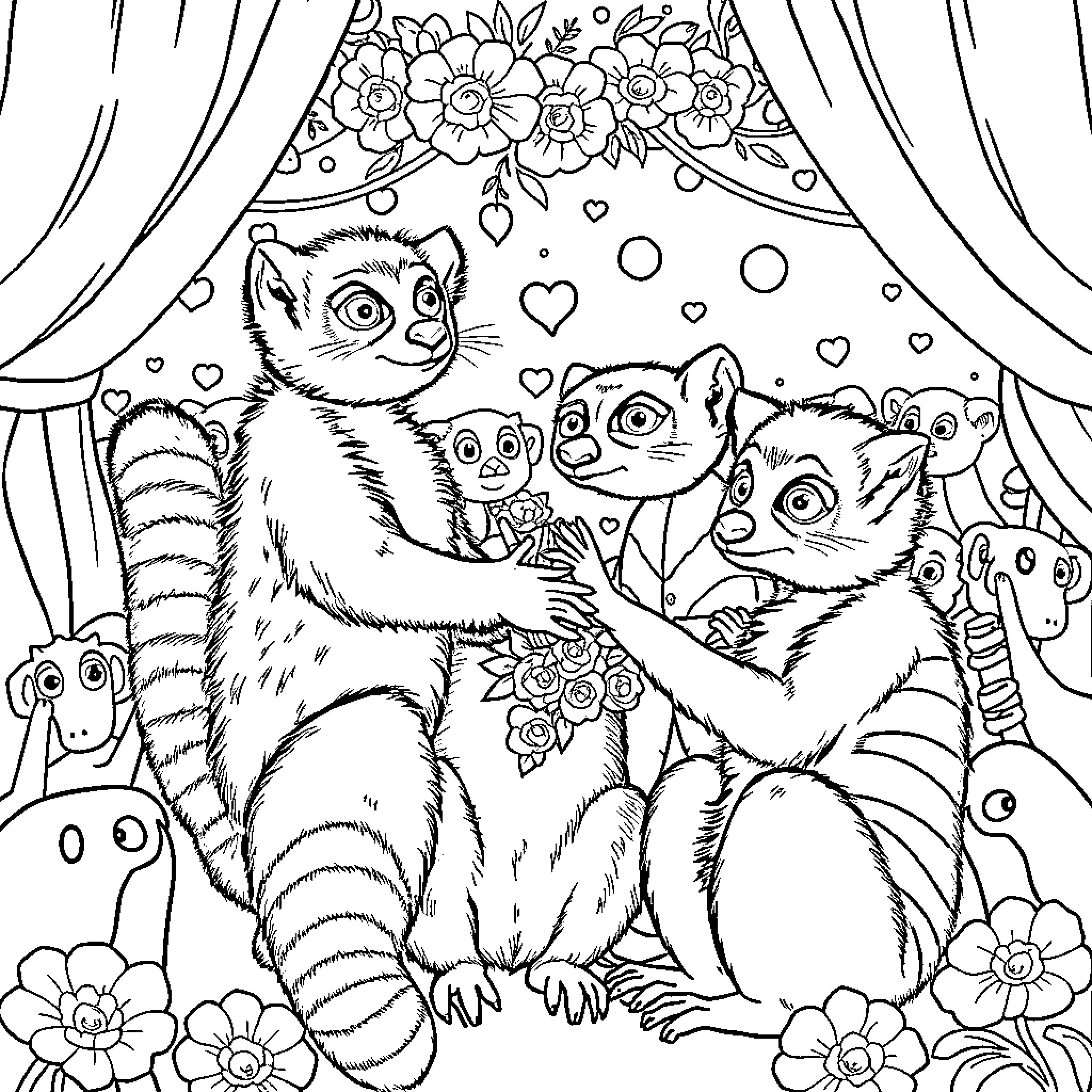 Lemurs playing happily in a floral wonderland Coloring Page (free black-and-white line drawing printable PDF for all, from beginners to advanced learners, including children, teens, adults, and seniors)