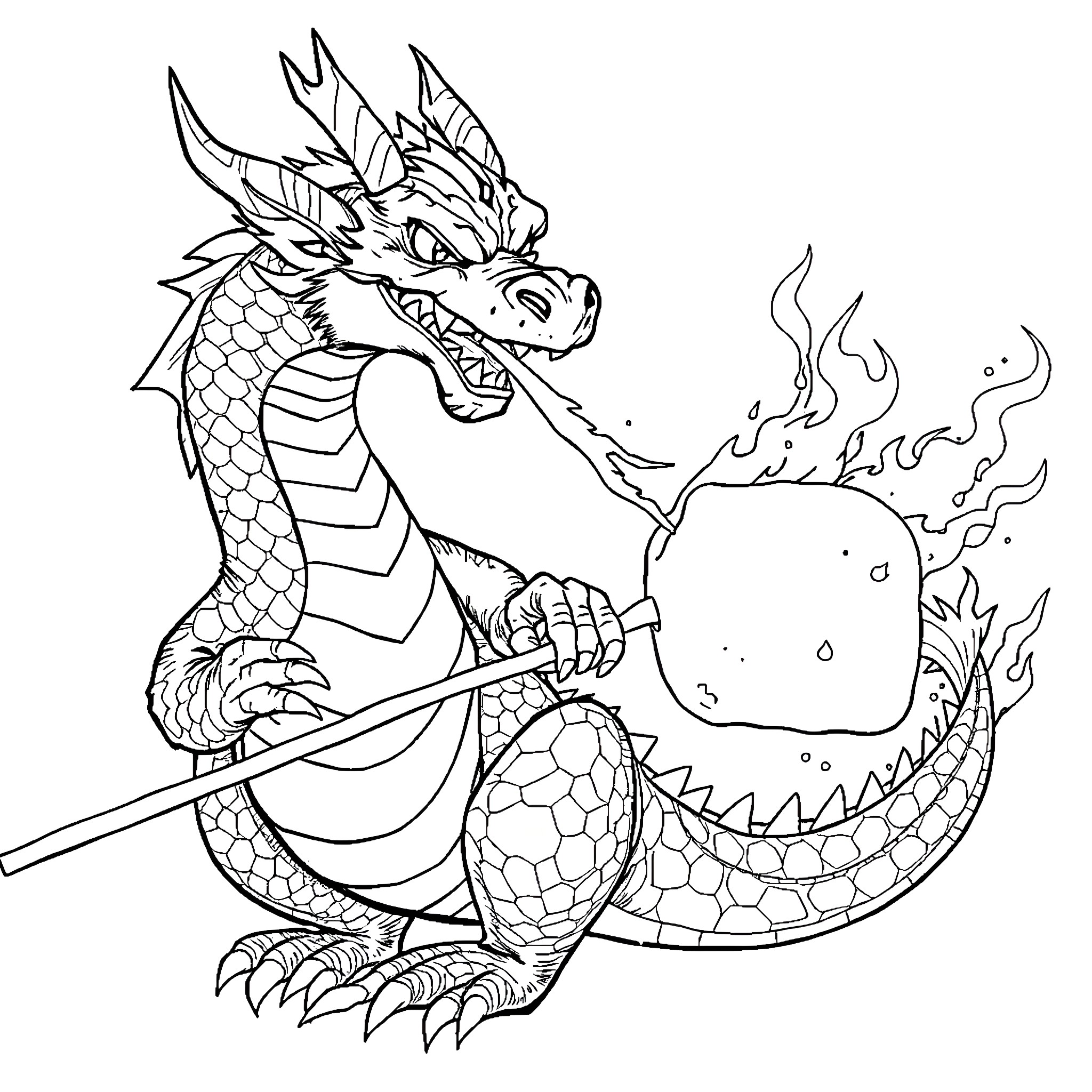 Dragon Wielding a Fiery Spear in Action Coloring Page (free black-and-white line drawing printable PDF for all, from beginners to advanced learners, including children, teens, adults, and seniors)