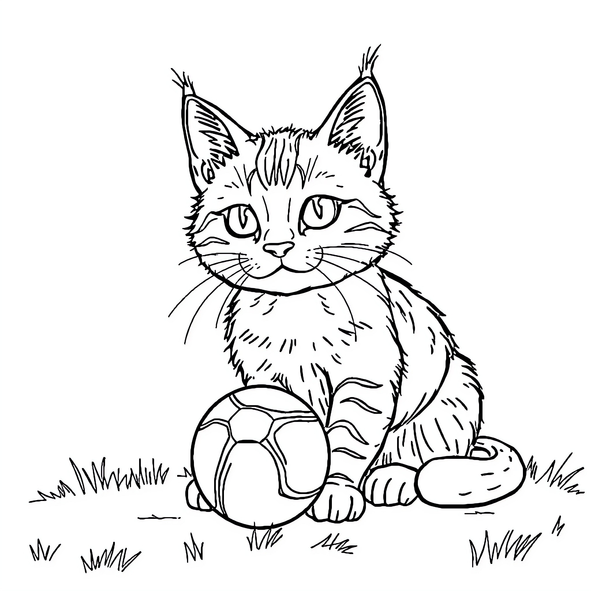 Cat playing with soccer ball in grassy field Coloring Page (free black-and-white line drawing printable PDF for all, from beginners to advanced learners, including children, teens, adults, and seniors)