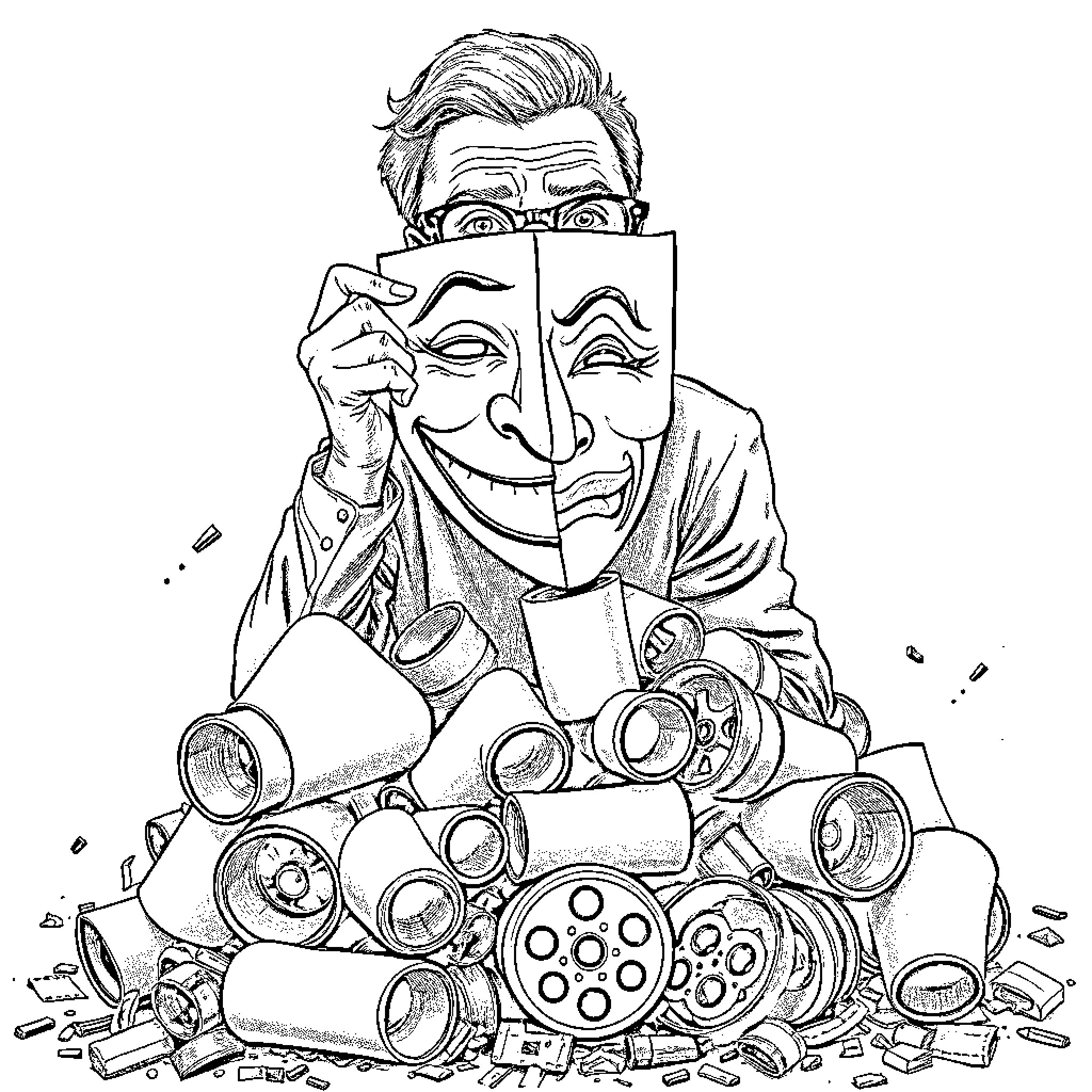 Man surrounded by theatrical masks and props Coloring Page (free black-and-white line drawing printable PDF for all, from beginners to advanced learners, including children, teens, adults, and seniors)