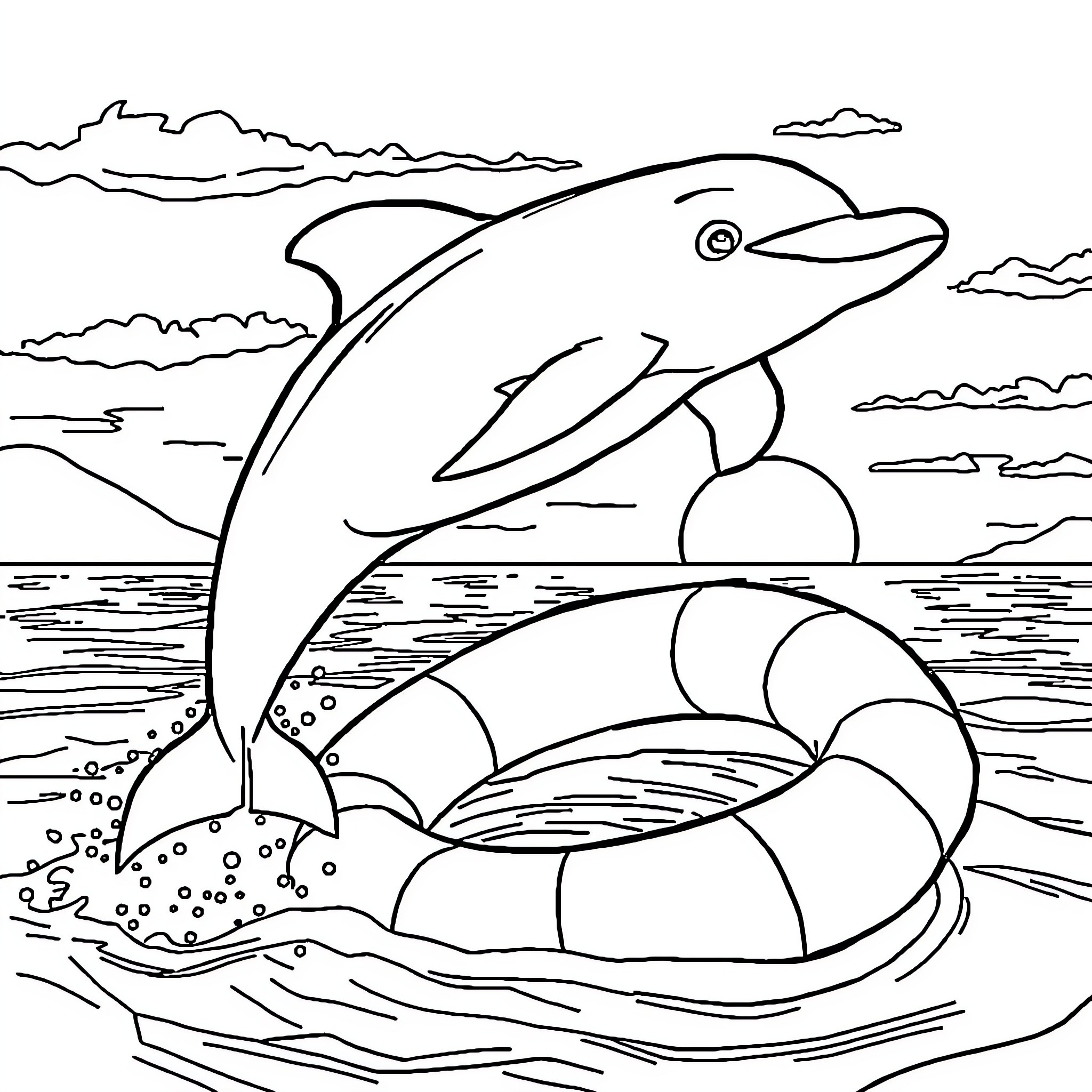 Dolphin swimming in the ocean Coloring Page (free black-and-white line drawing printable PDF for all, from beginners to advanced learners, including children, teens, adults, and seniors)