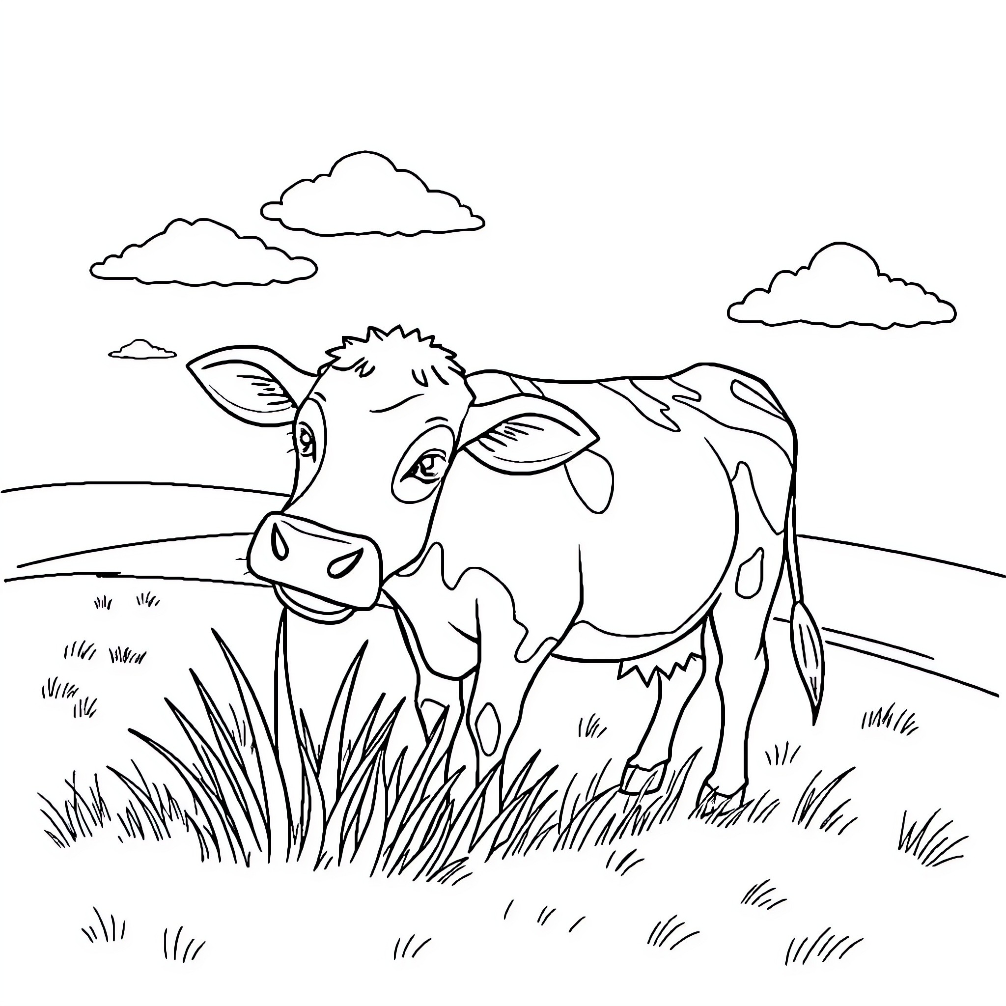 Cow grazing in the countryside Coloring Page (free black-and-white line drawing printable PDF for all, from beginners to advanced learners, including children, teens, adults, and seniors)