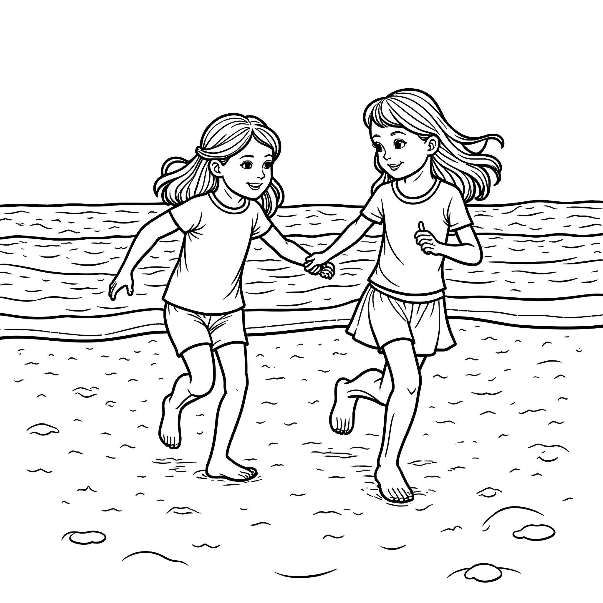 Girls playing happily on the beach Coloring Page (free black-and-white line drawing printable PDF for all, from beginners to advanced learners, including children, teens, adults, and seniors)