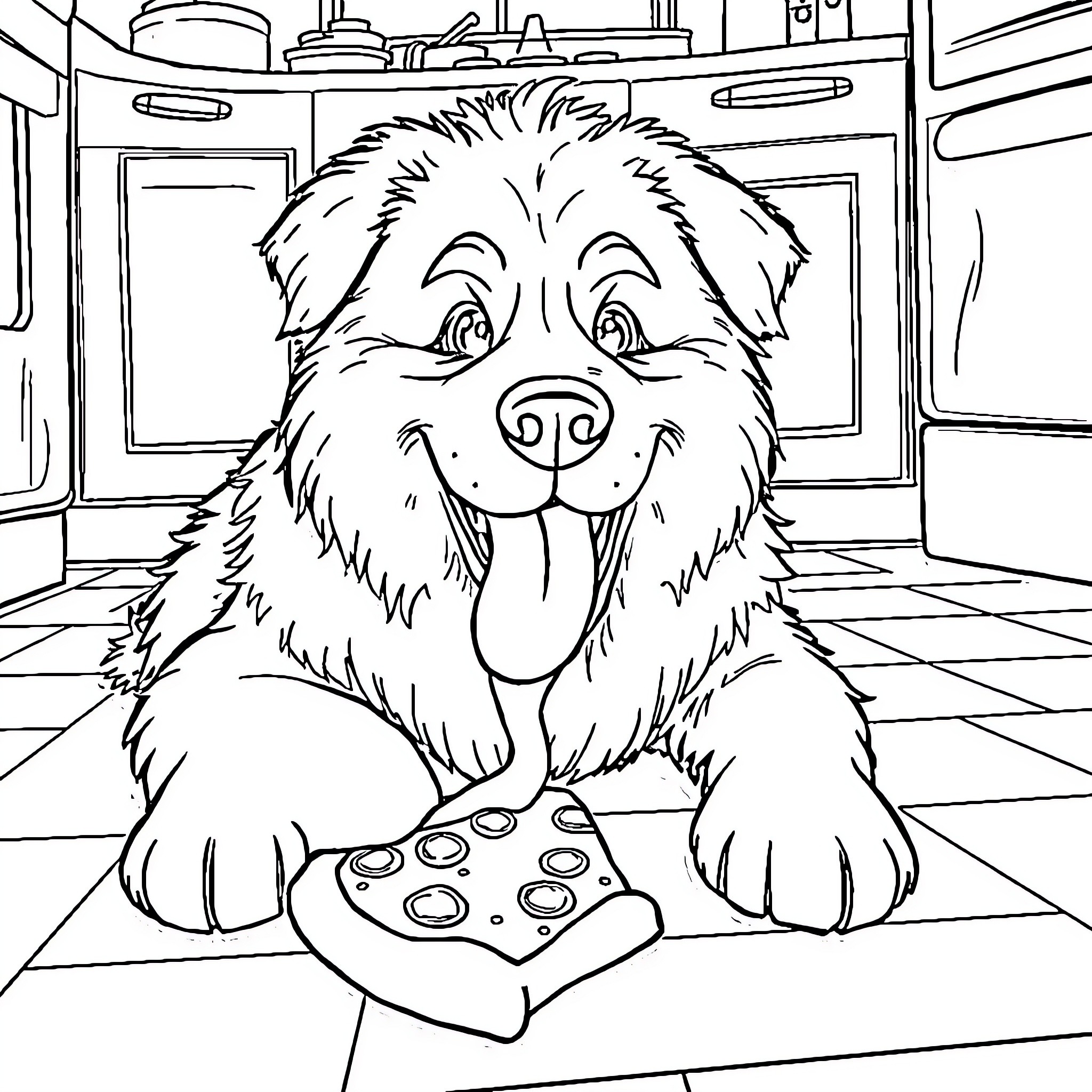 Dog playing video game with joy Coloring Page (free black-and-white line drawing printable PDF for all, from beginners to advanced learners, including children, teens, adults, and seniors)