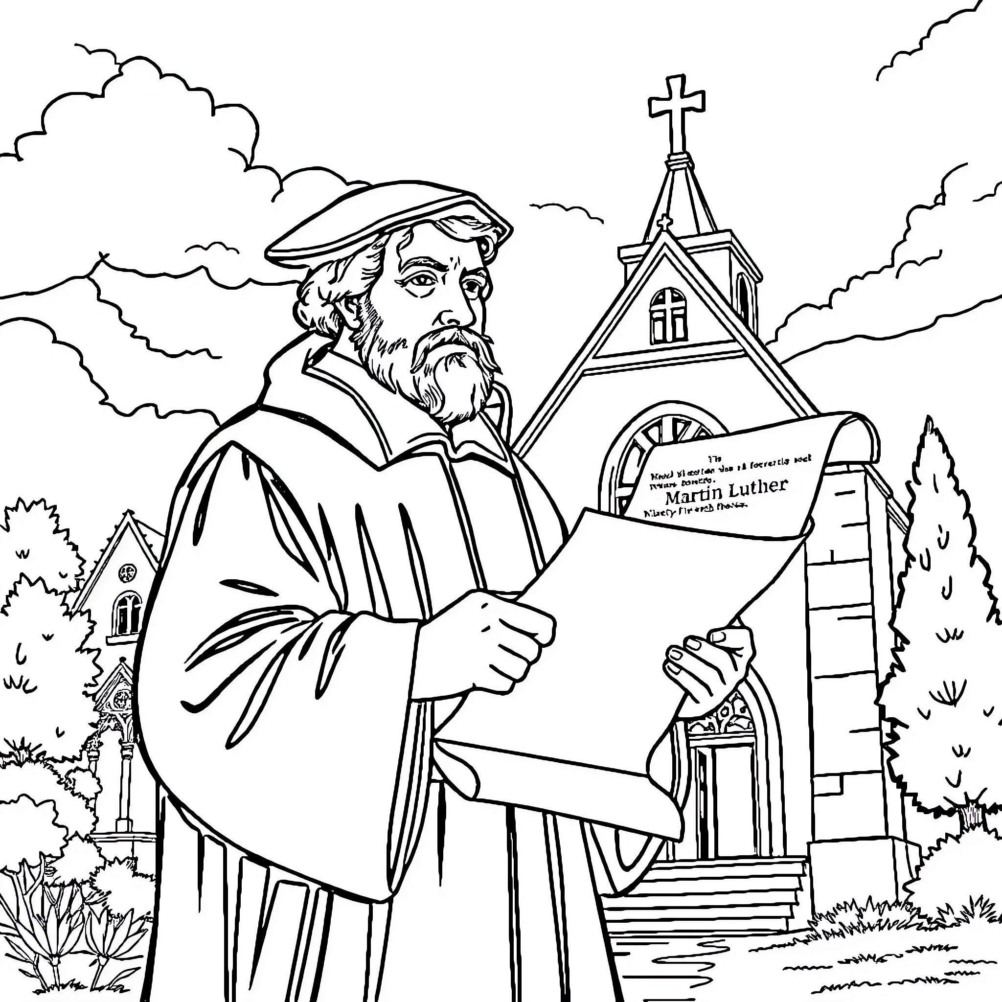 Martin Luther Holding a Book Outside a Church Coloring Page (free black-and-white line drawing printable PDF for all, from beginners to advanced learners, including children, teens, adults, and seniors)