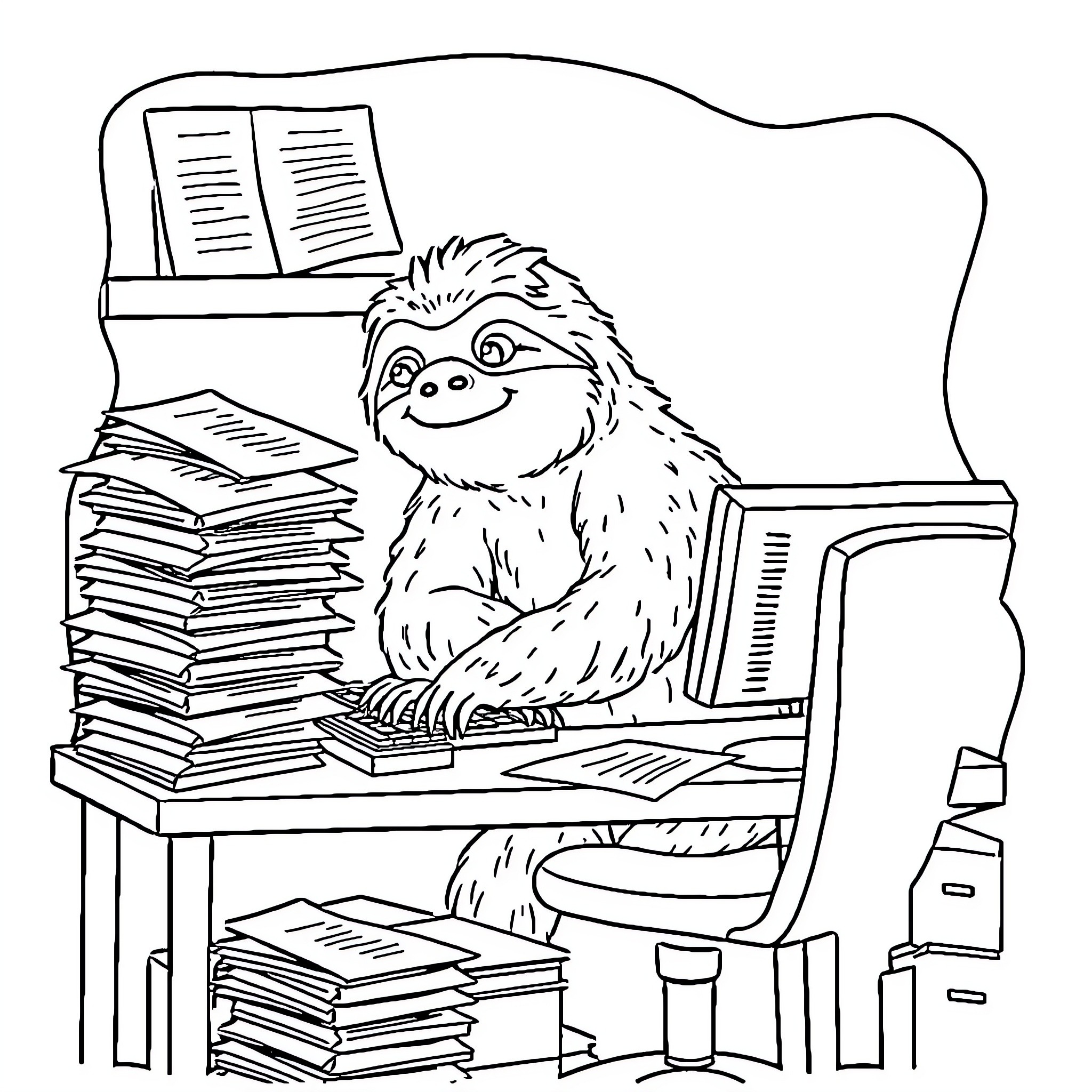 Sloth studying diligently at a desk full of books Coloring Page (free black-and-white line drawing printable PDF for all, from beginners to advanced learners, including children, teens, adults, and seniors)