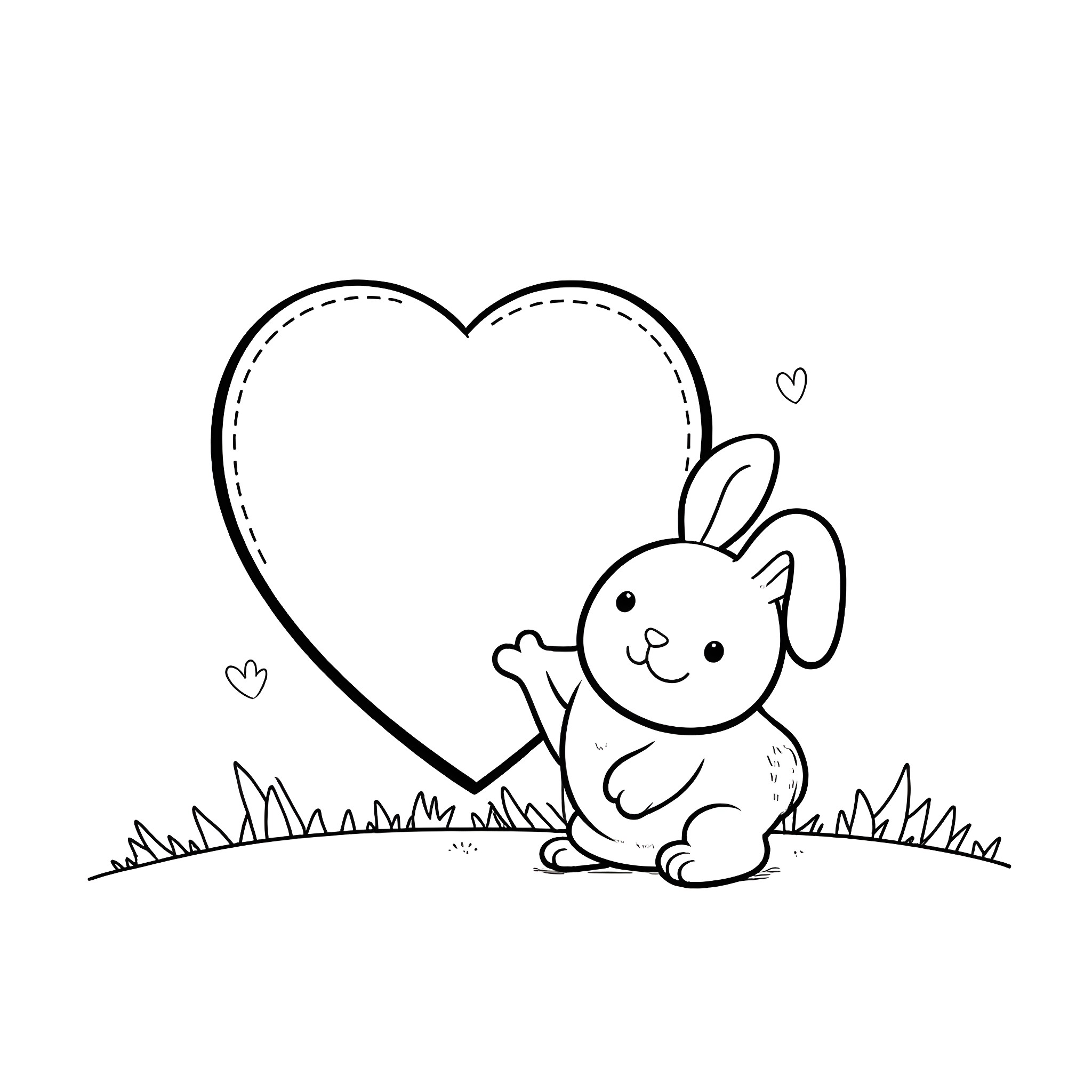 Heart-shaped frame with a playful bunny Coloring Page (free black-and-white line drawing printable PDF for all, from beginners to advanced learners, including children, teens, adults, and seniors)