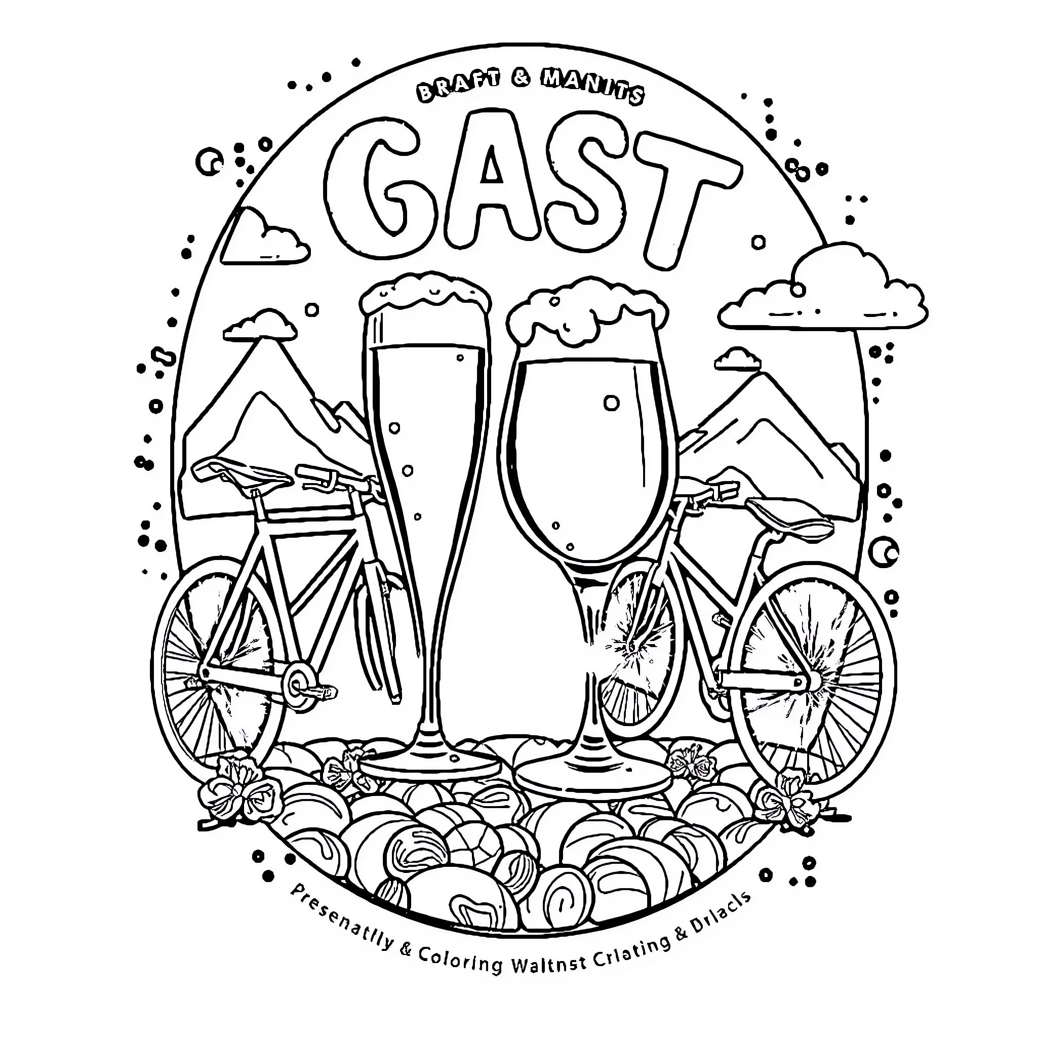 Bike Tour and Craft Beer Enjoyment Coloring Page (free black-and-white line drawing printable PDF for all, from beginners to advanced learners, including children, teens, adults, and seniors)