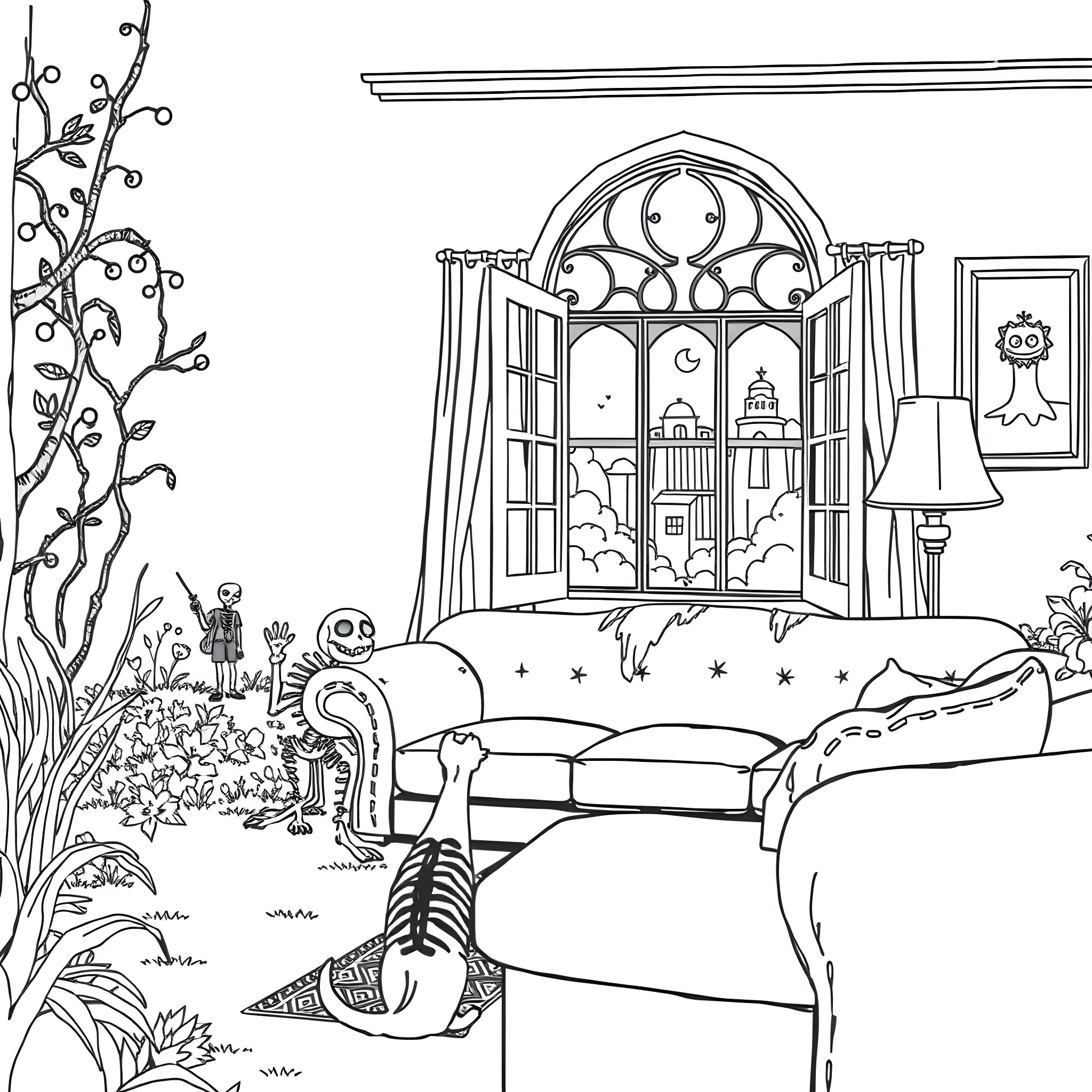 Zombie creatures lurking in a haunted living room Coloring Page (free black-and-white line drawing printable PDF for all, from beginners to advanced learners, including children, teens, adults, and seniors)