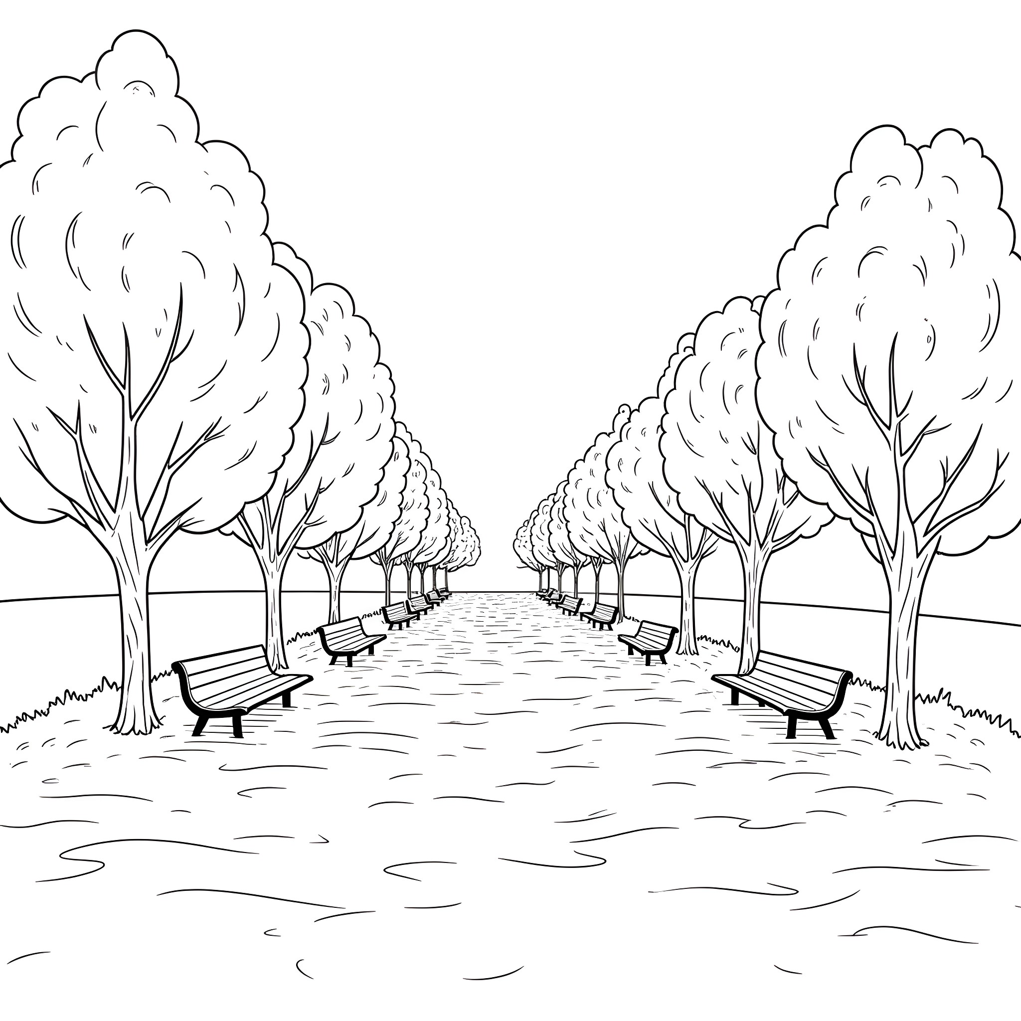 Peaceful Promenade in the Park Coloring Page (free black-and-white line drawing printable PDF for all, from beginners to advanced learners, including children, teens, adults, and seniors)