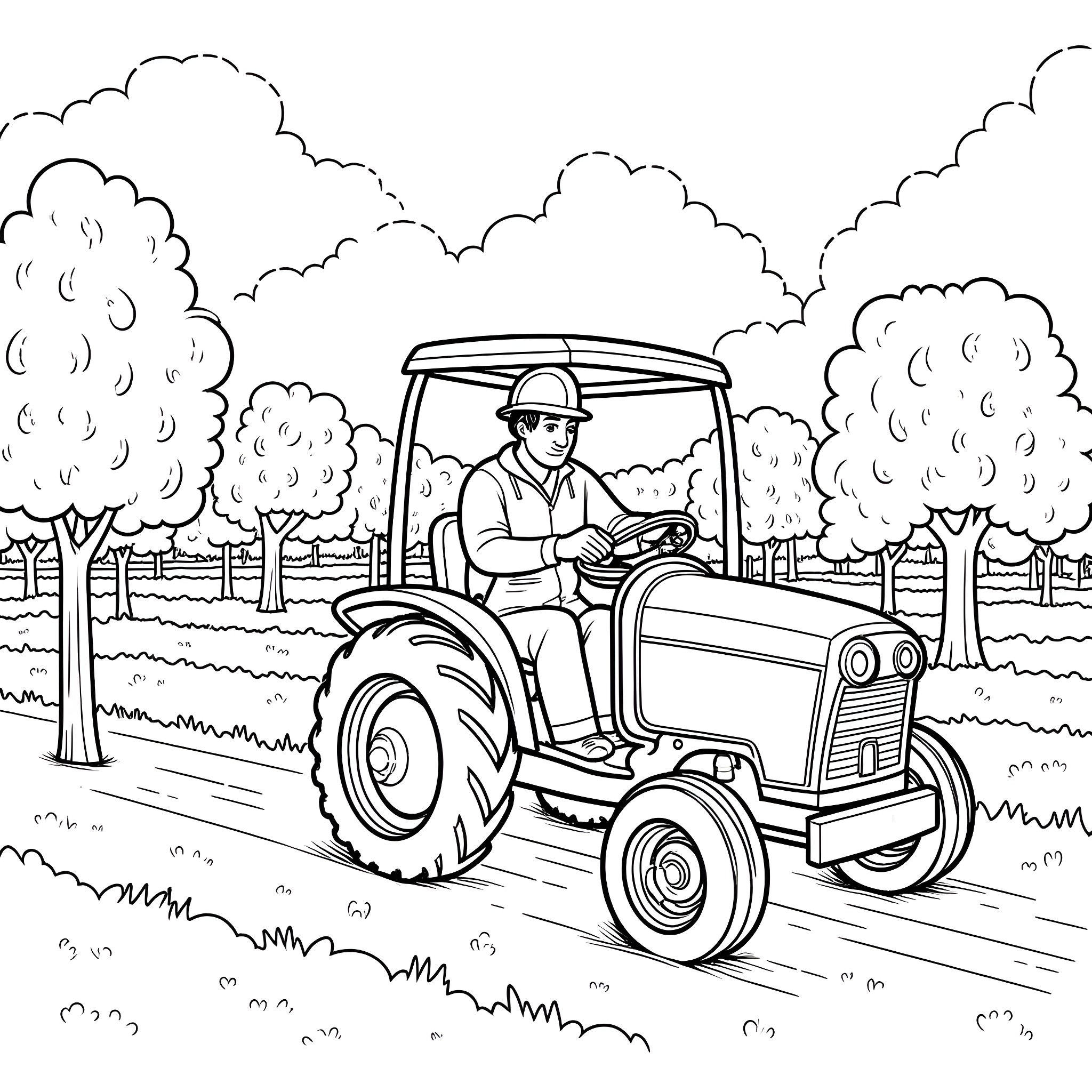 Firefighter driving tractor in rural landscape Coloring Page (free black-and-white line drawing printable PDF for all, from beginners to advanced learners, including children, teens, adults, and seniors)
