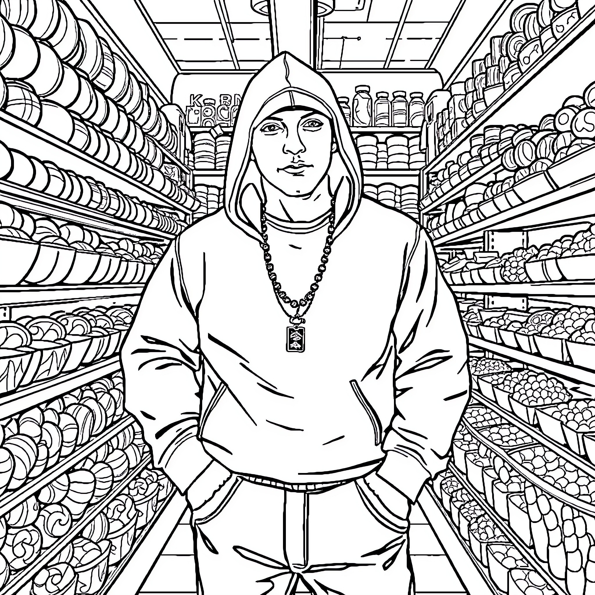 Eminem Exploring Retail Shelves with Contemplation Coloring Page (free black-and-white line drawing printable PDF for all, from beginners to advanced learners, including children, teens, adults, and seniors)