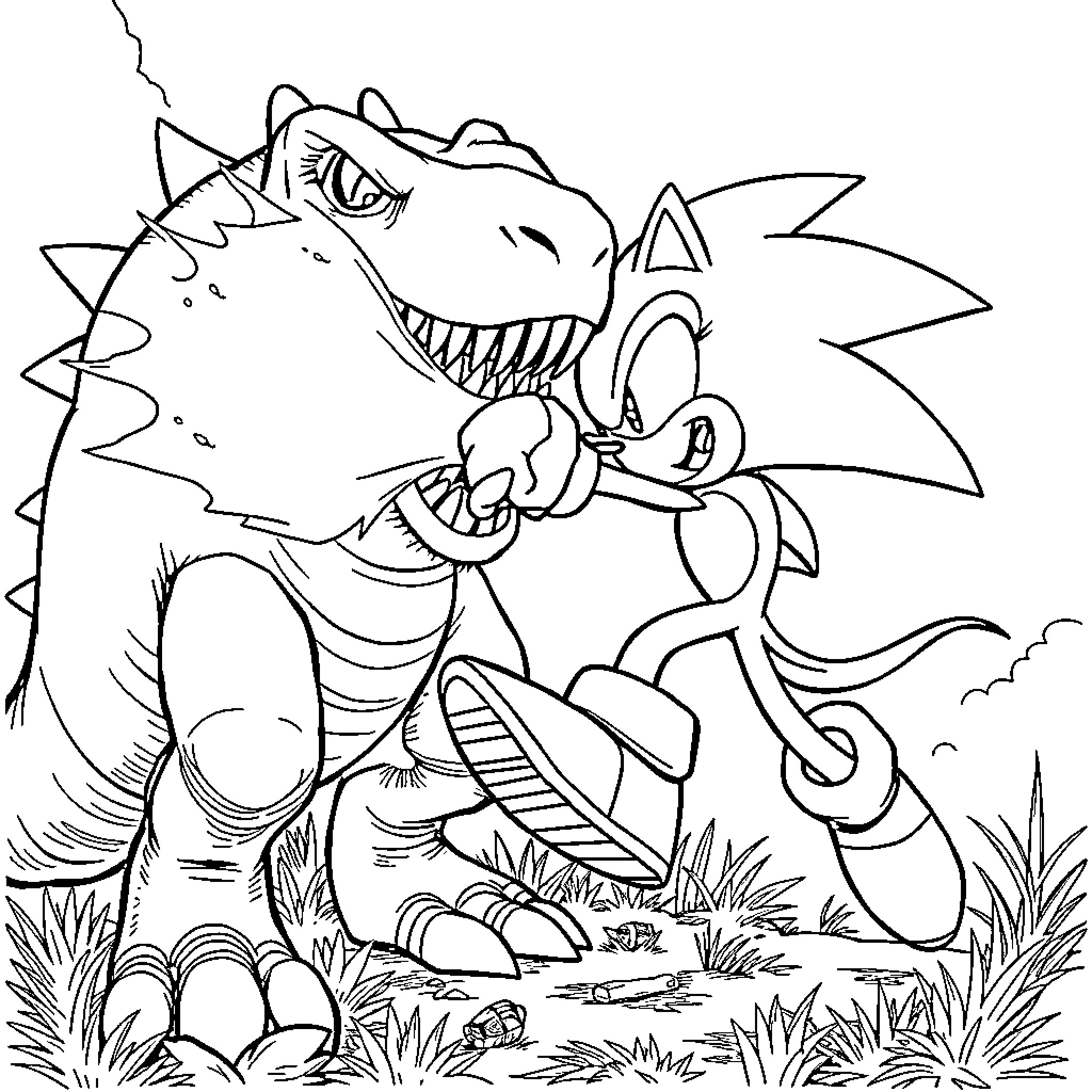 Sonic facing off against a fearsome beast in the wild Coloring Page (free black-and-white line drawing printable PDF for all, from beginners to advanced learners, including children, teens, adults, and seniors)