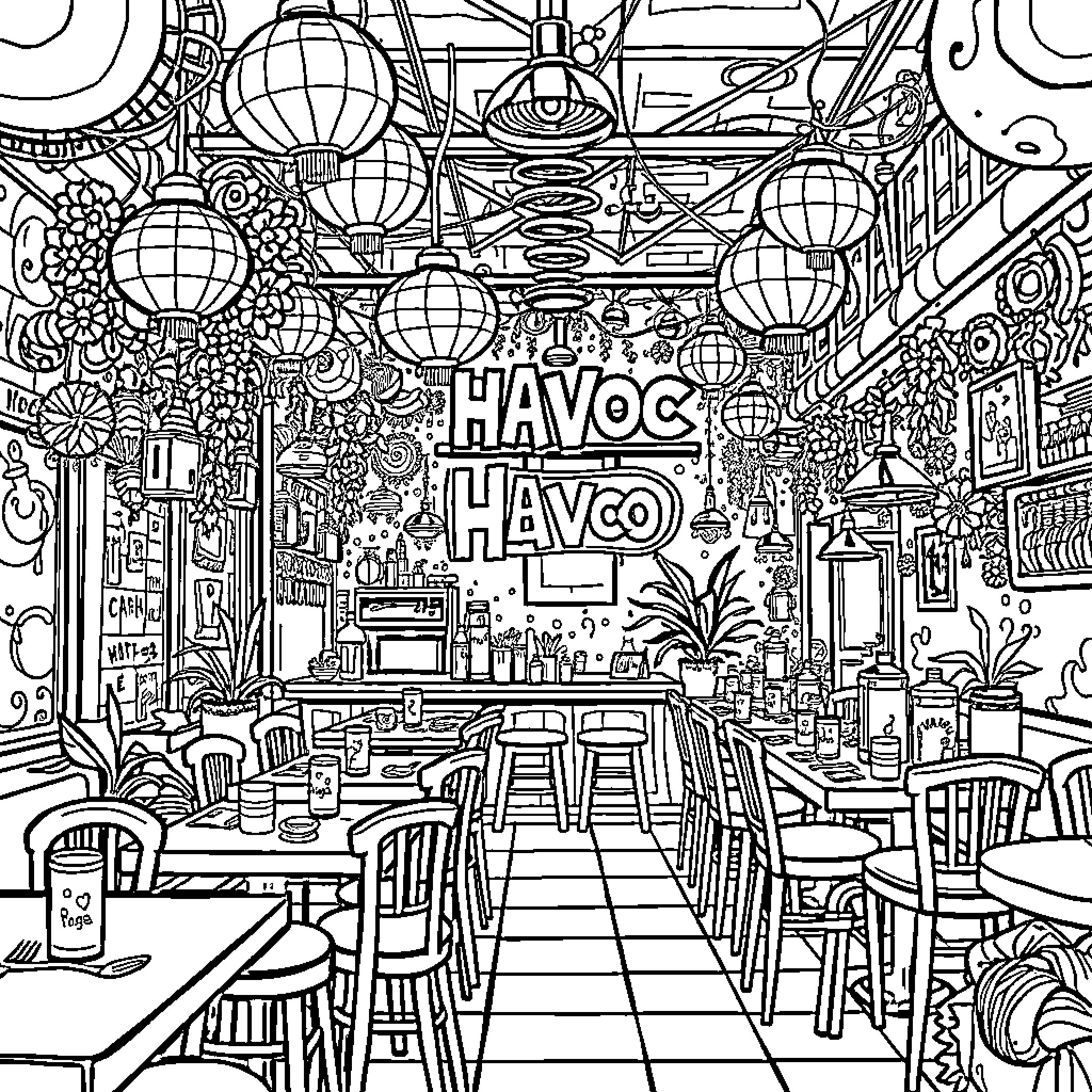 Restaurant with Lively Decor and Ambiance Coloring Page (free black-and-white line drawing printable PDF for all, from beginners to advanced learners, including children, teens, adults, and seniors)