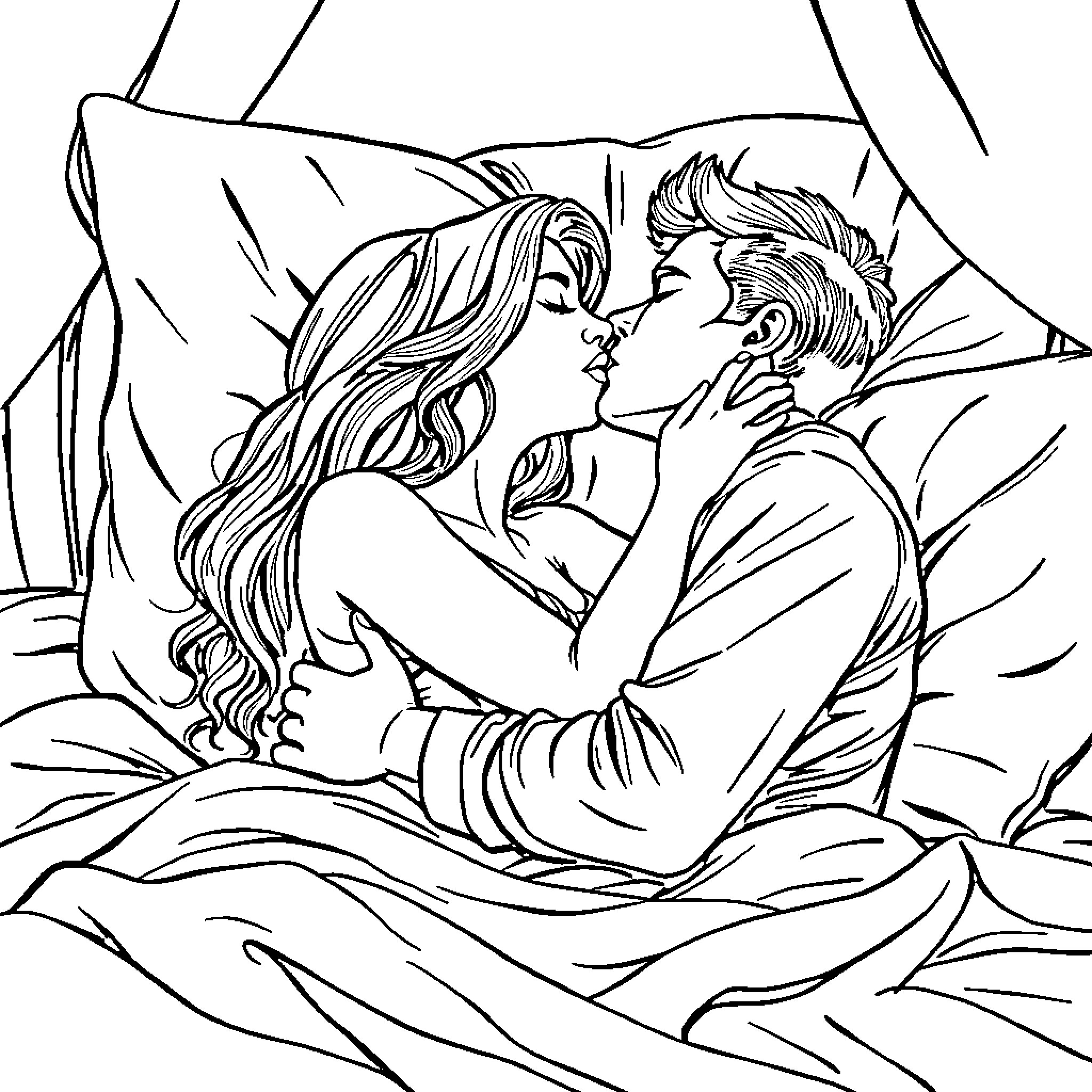 Wife and husband intimately embracing on bed Coloring Page (free black-and-white line drawing printable PDF for all, from beginners to advanced learners, including children, teens, adults, and seniors)